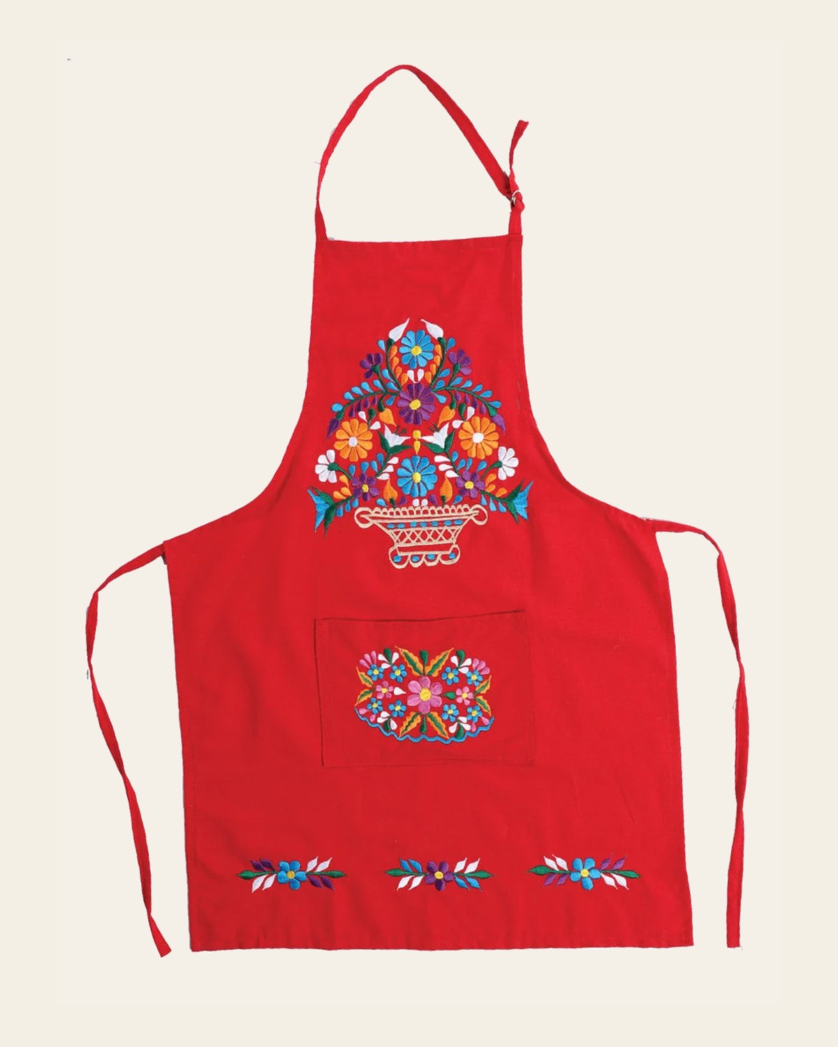 Mexican Artisanal Embroidered Apron 100% Cotton Red 603157 on a warm cream background