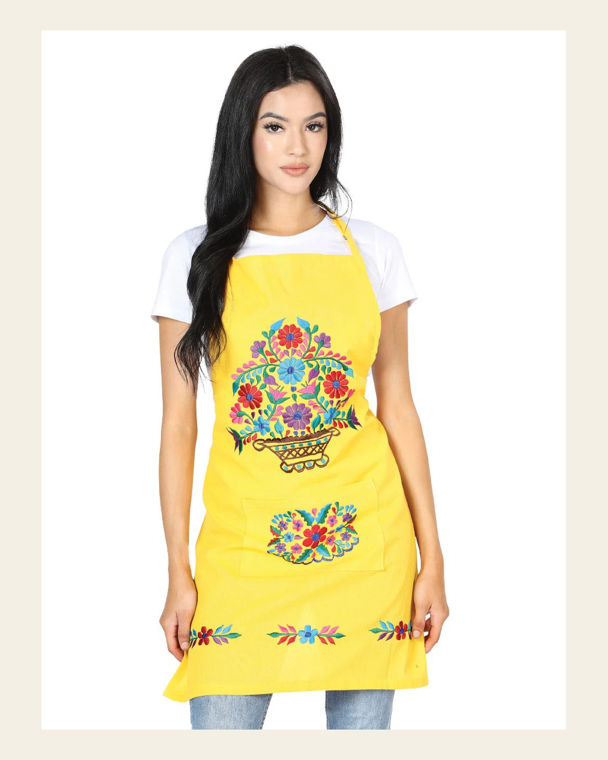 Mexican Artisanal Embroidered Apron 100% Cotton Yellow 603153 on a warm cream background