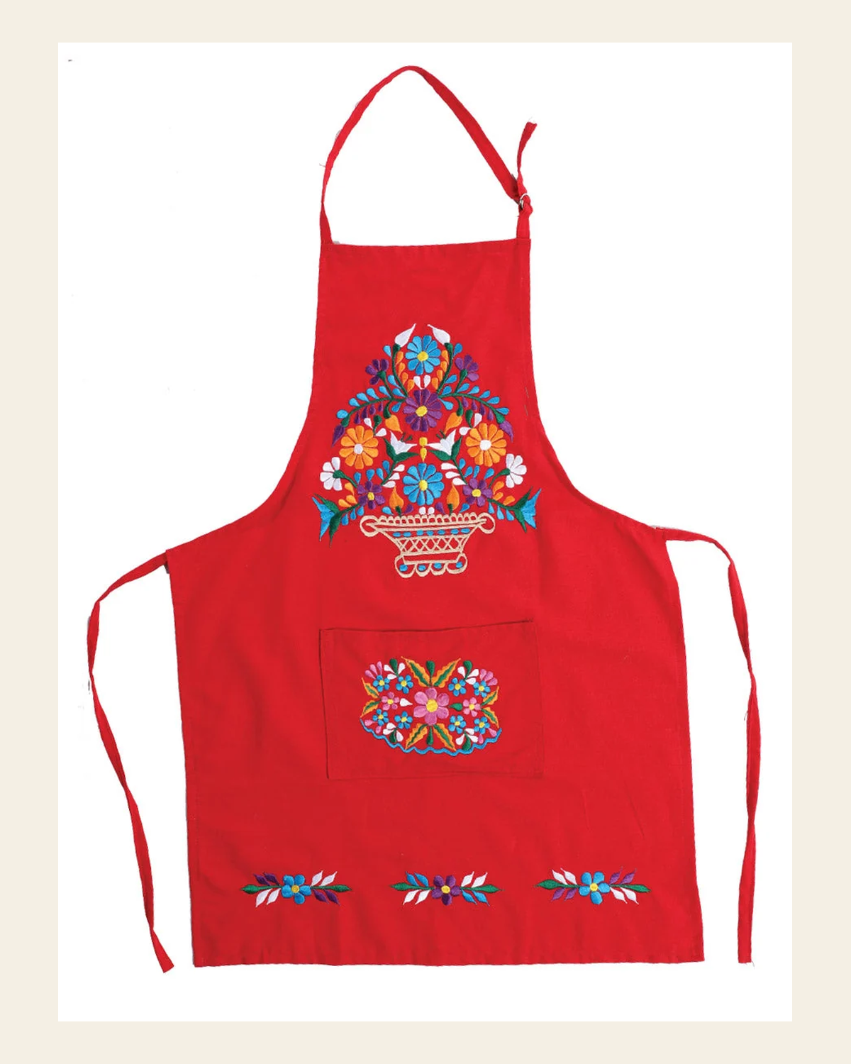 Mexican Artisanal Embroidered Apron 50% Cotton, %50 Polyester Red 603195 on a warm cream background