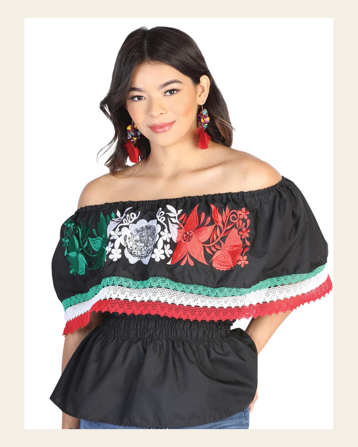 Artisanal Embroidered Blouse 100% Cotton Black 602527 on a warm cream background