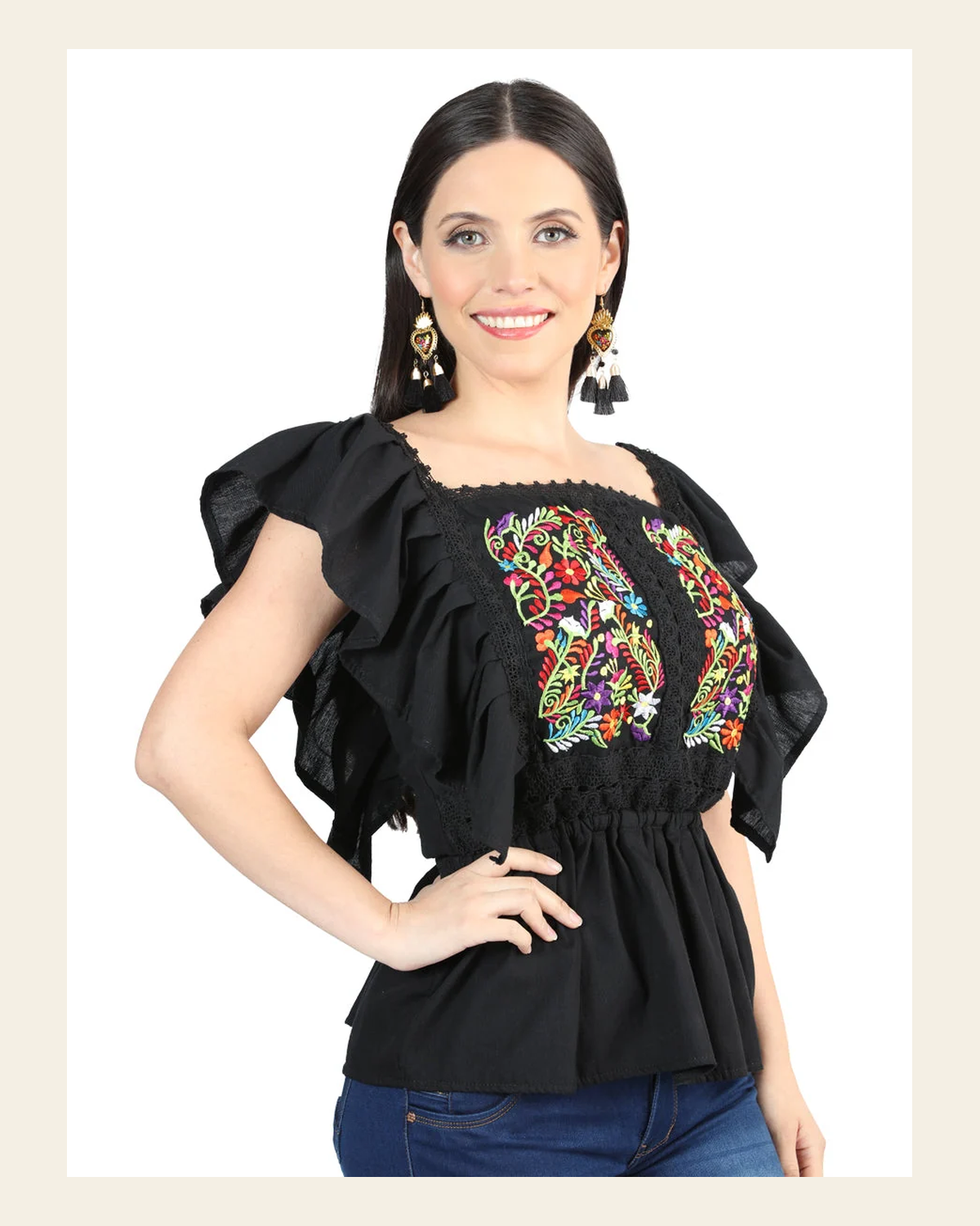 Artisanal Embroidered Blouse 100% Cotton Black 603966 on a warm cream background