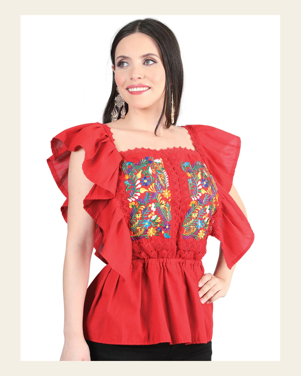 Artisanal Embroidered Blouse 100% Cotton Red 603967 on a warm cream background