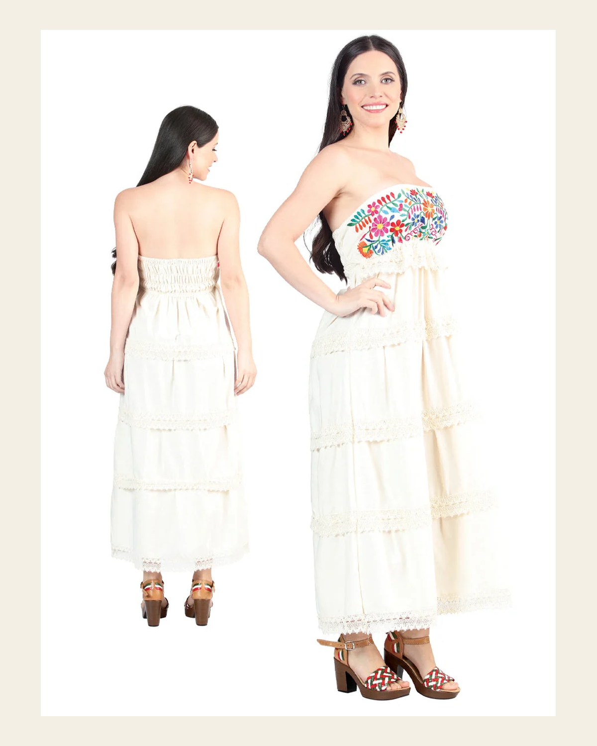 Artisanal Embroidered Dress 100% Cotton Beige 603999 on a warm cream background
