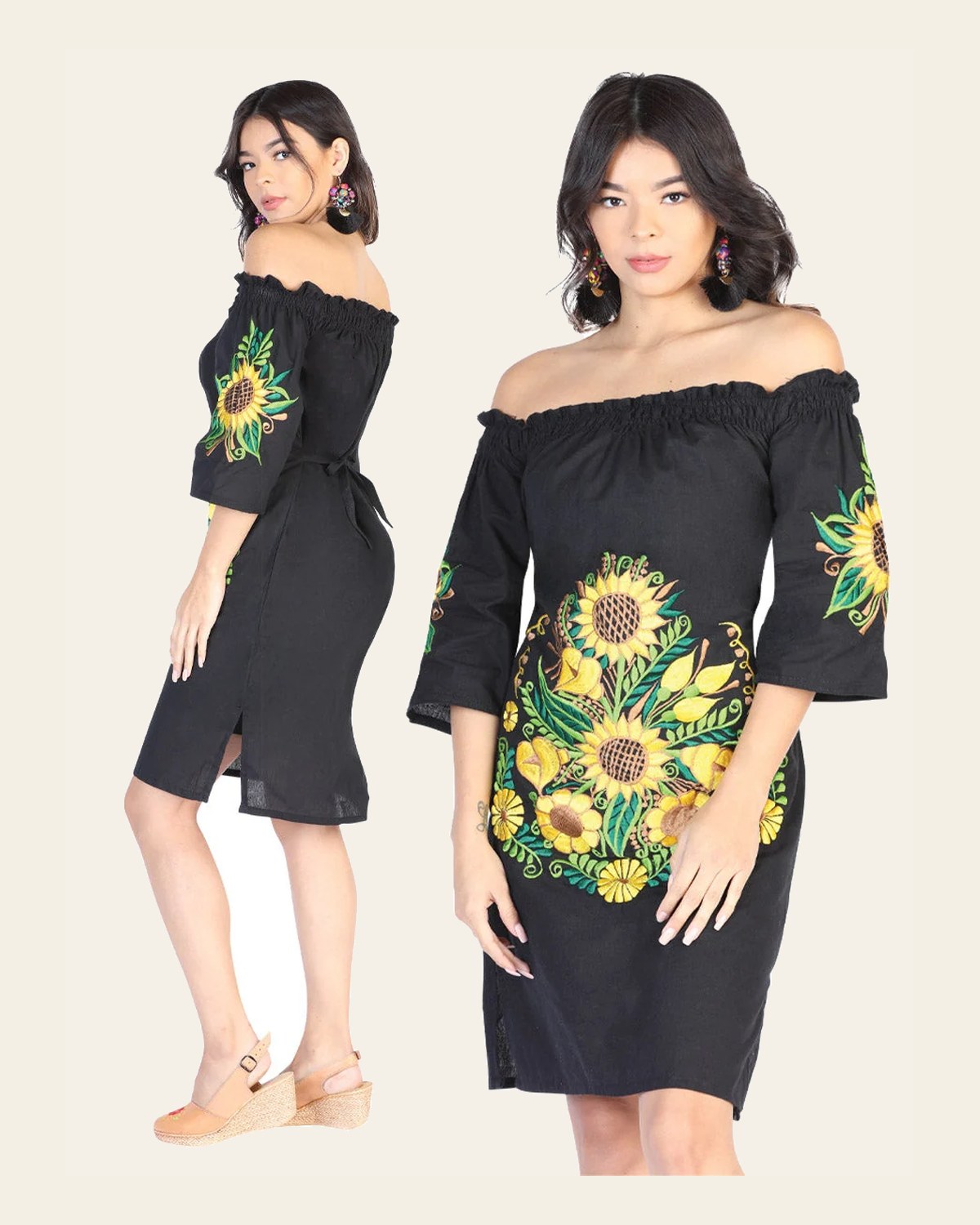 Artisanal Embroidered Dress 100% Cotton Black 602481 on a warm cream background