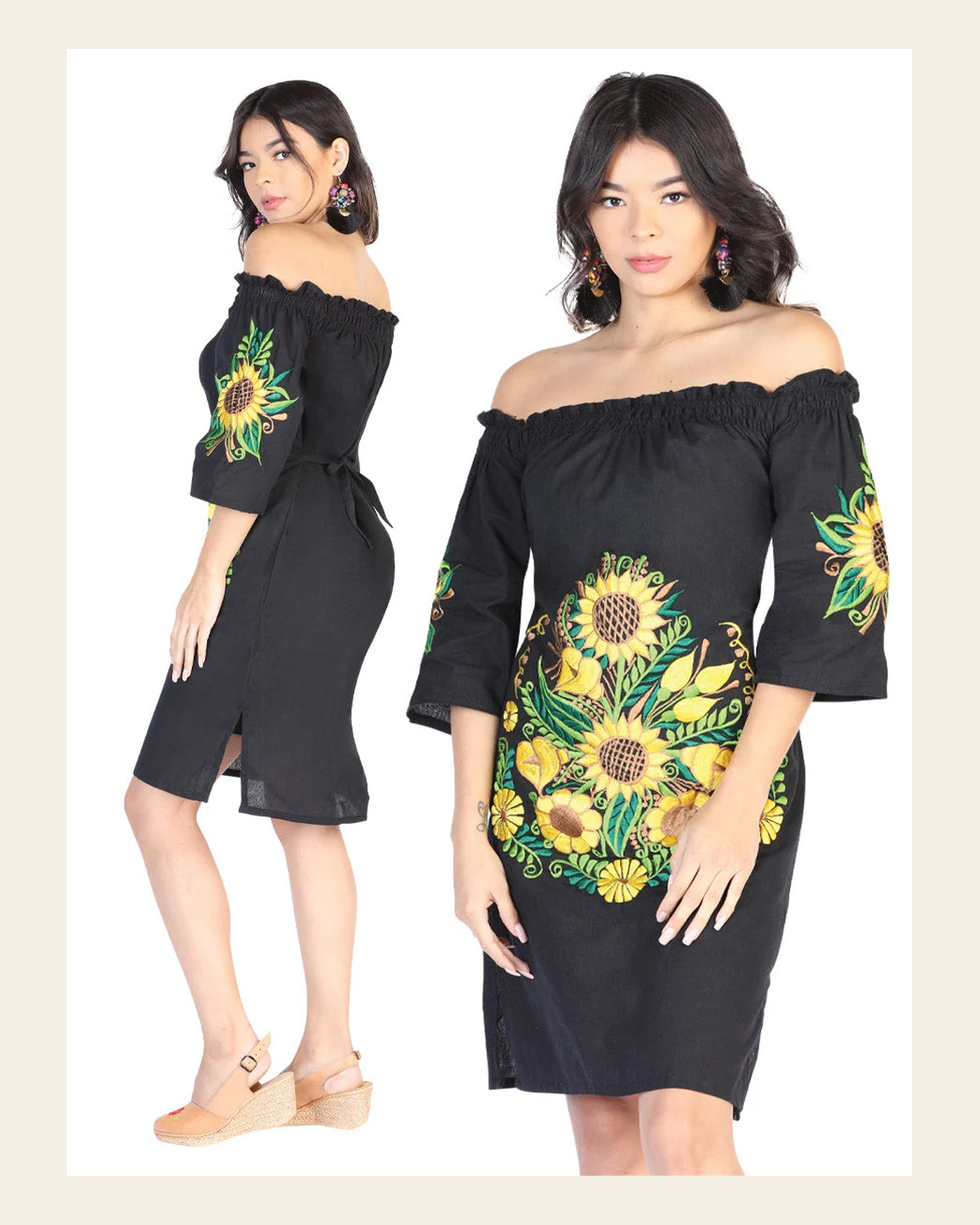 Artisanal Embroidered Dress 100% Cotton Black 602481 on a warm cream background