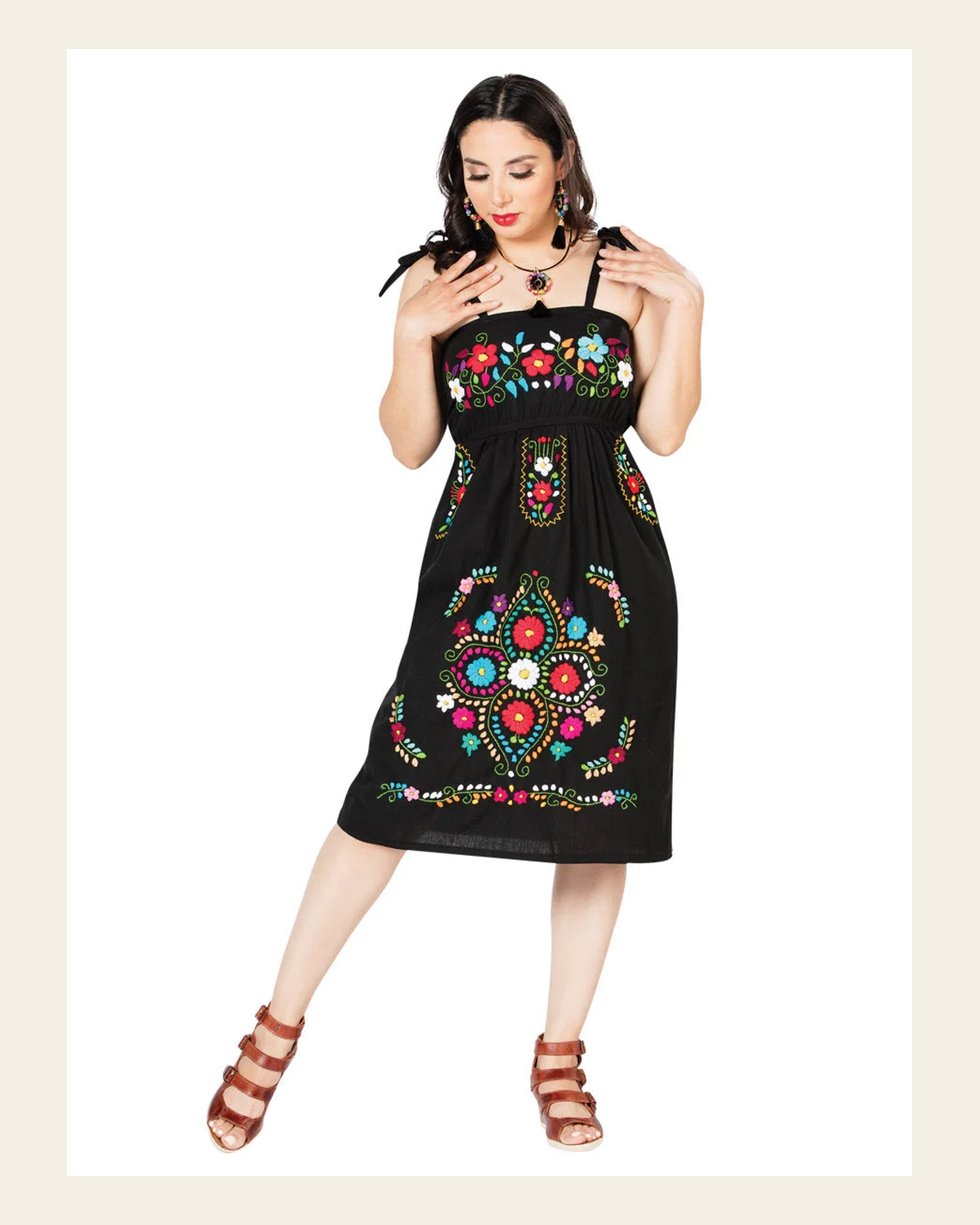 Artisanal Embroidered Dress 100% Cotton Black 603074 on a warm cream background