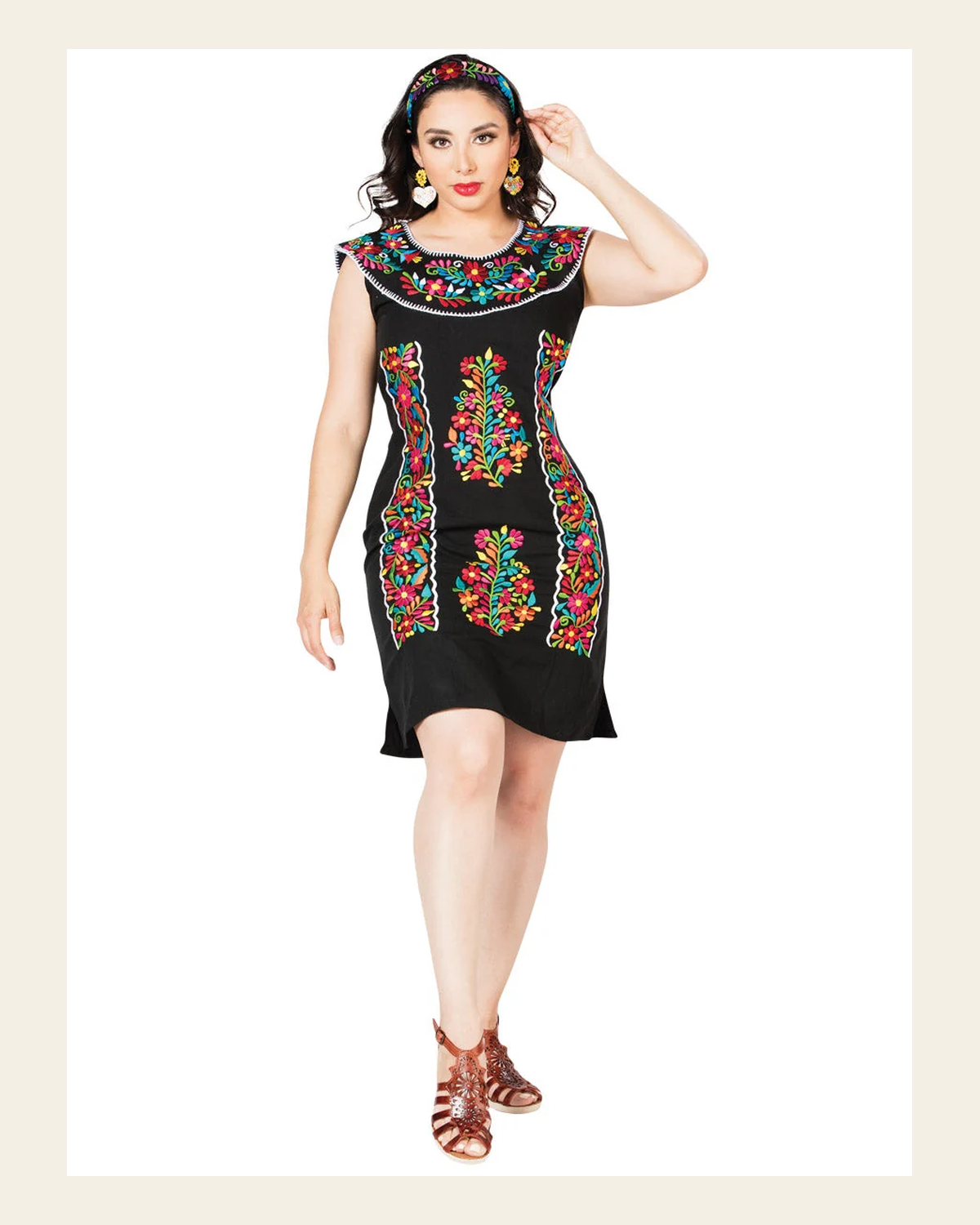 Artisanal Embroidered Dress 100% Cotton Black 603090 on a warm cream background