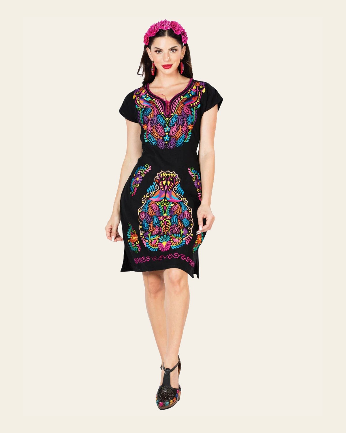 Artisanal Embroidered Dress 100% Cotton Black 603093 on a warm cream background