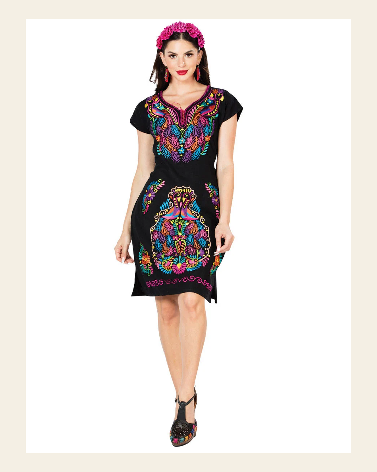 Artisanal Embroidered Dress 100% Cotton Black 603093 on a warm cream background