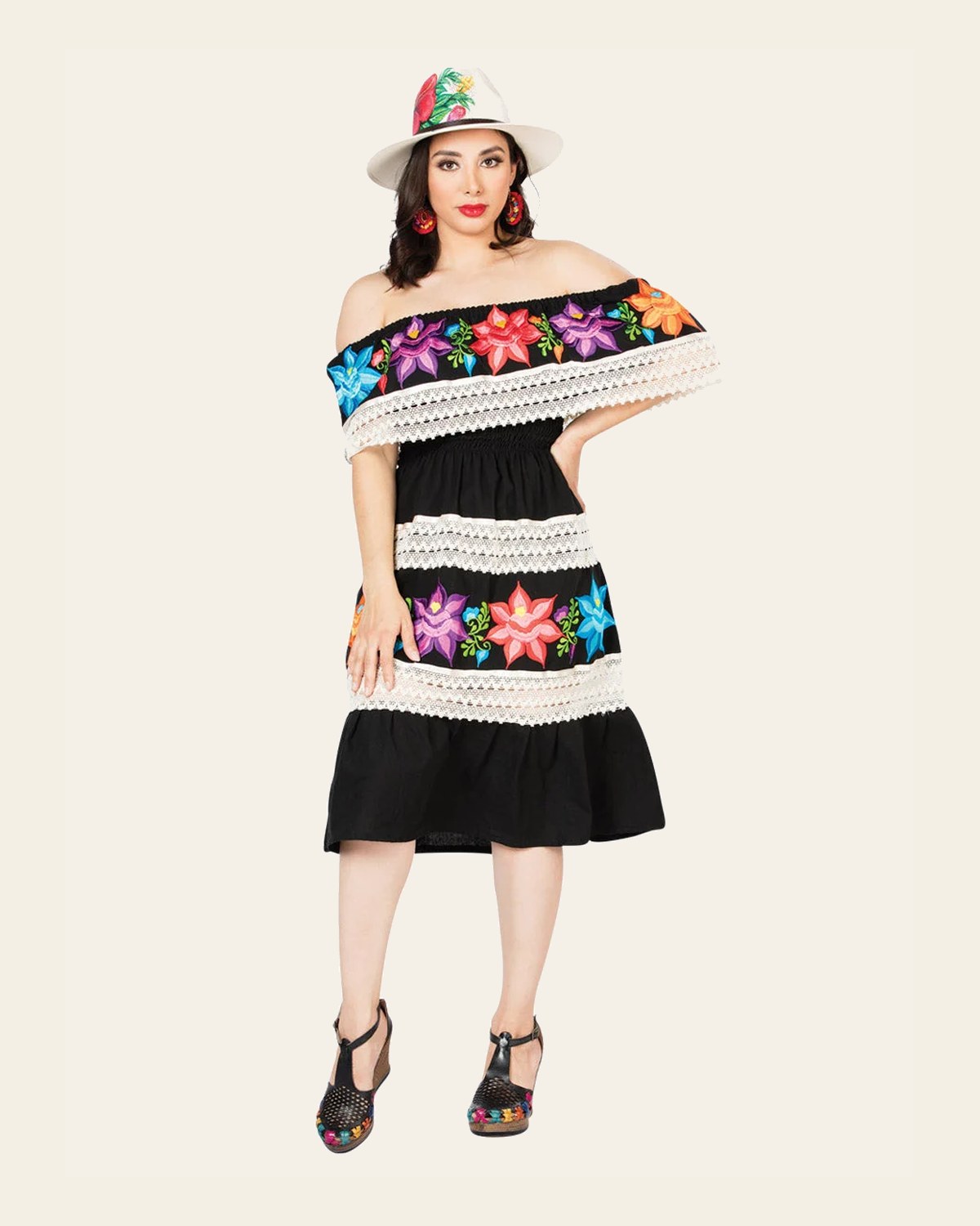 Artisanal Embroidered Dress 100% Cotton Black 603099 on a warm cream background