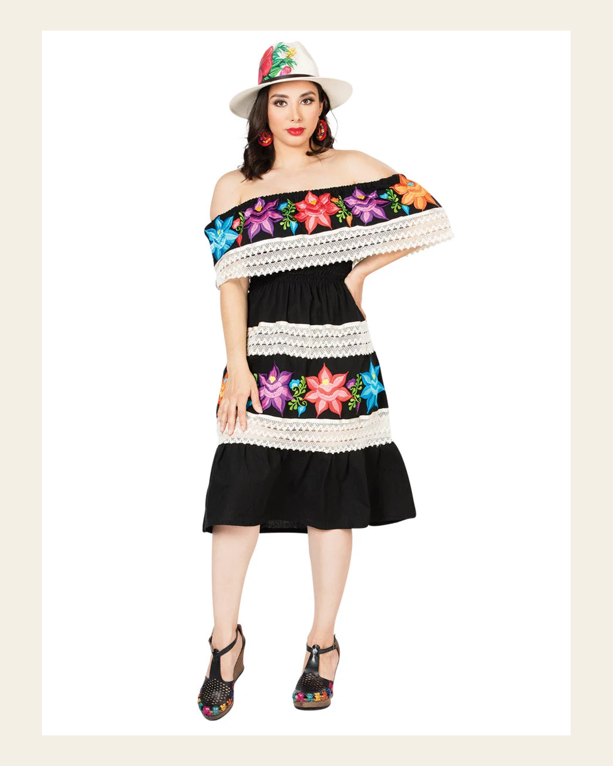 Artisanal Embroidered Dress 100% Cotton Black 603099 on a warm cream background