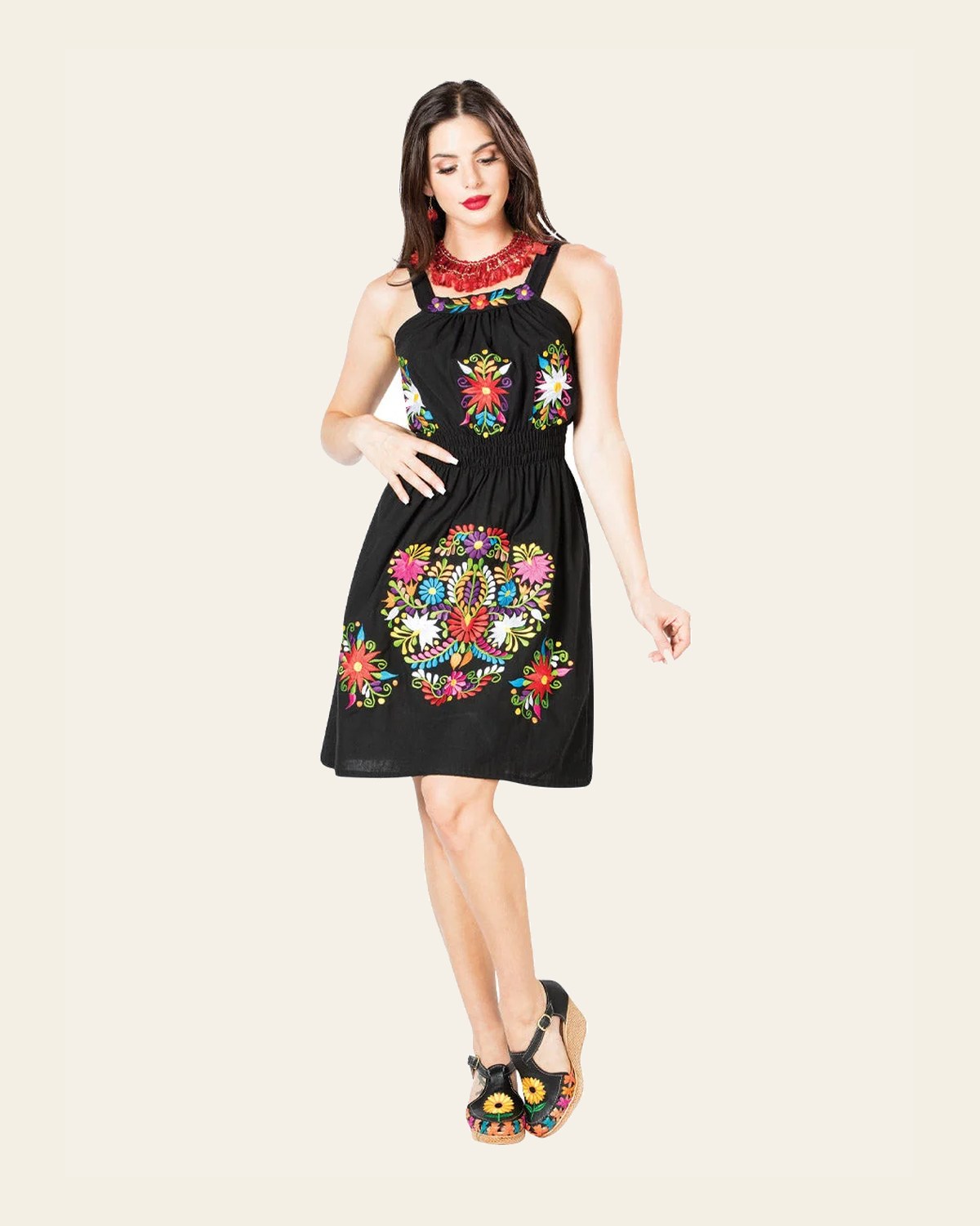 Artisanal Embroidered Dress 100% Cotton Black 603100 on a warm cream background