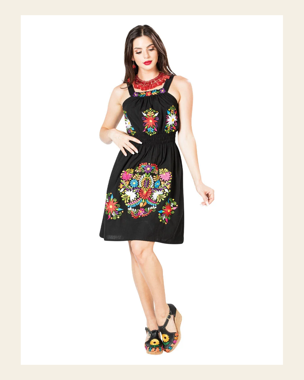 Artisanal Embroidered Dress 100% Cotton Black 603100 on a warm cream background