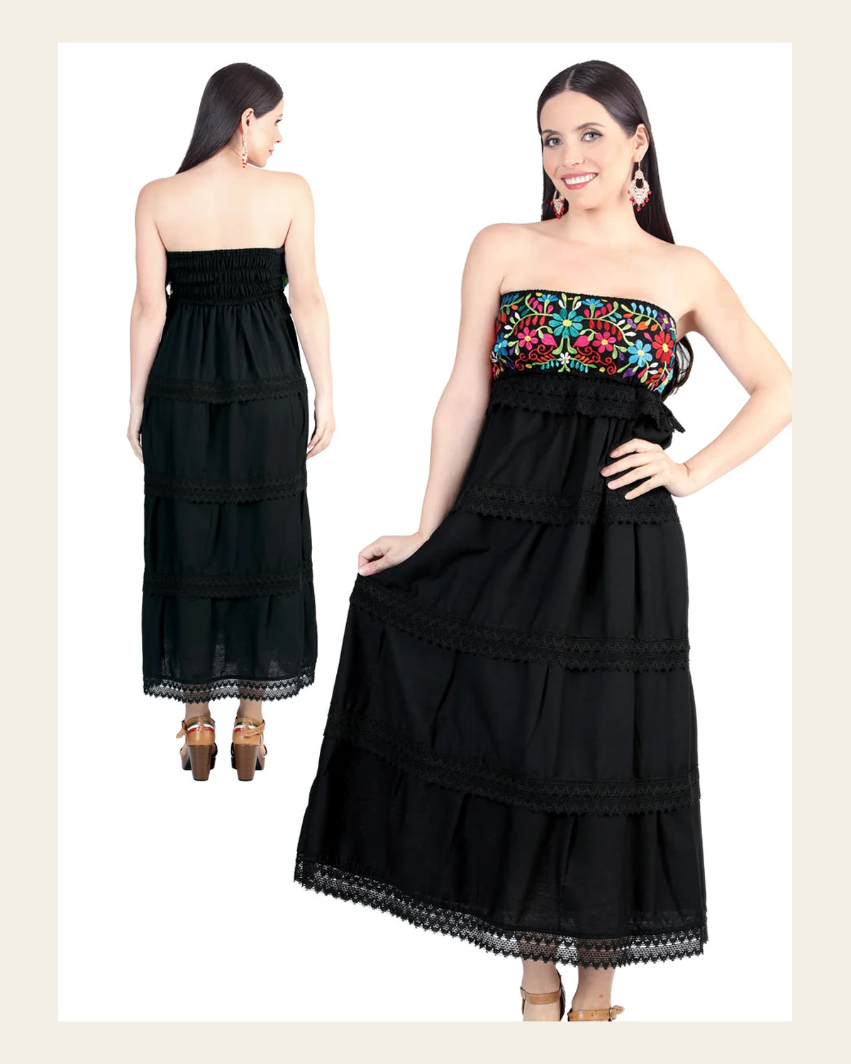 Artisanal Embroidered Dress 100% Cotton Black 604000 on a warm cream background