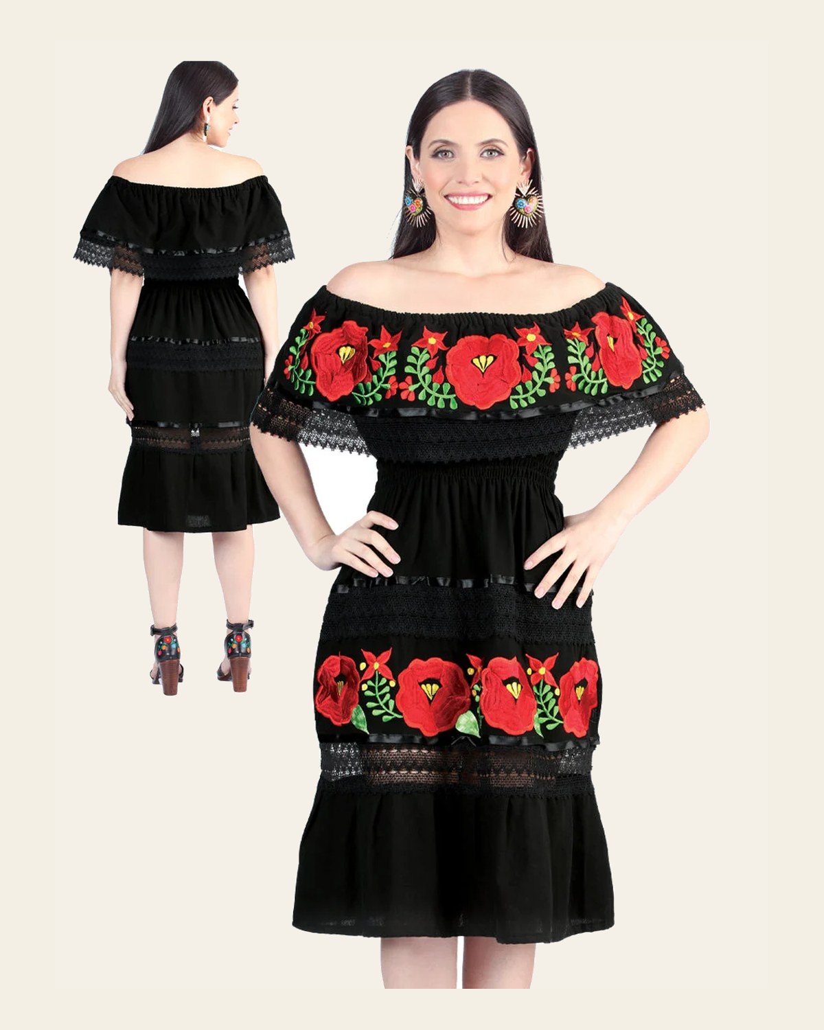 Artisanal Embroidered Dress 100% Cotton Black 604002 on a warm cream background