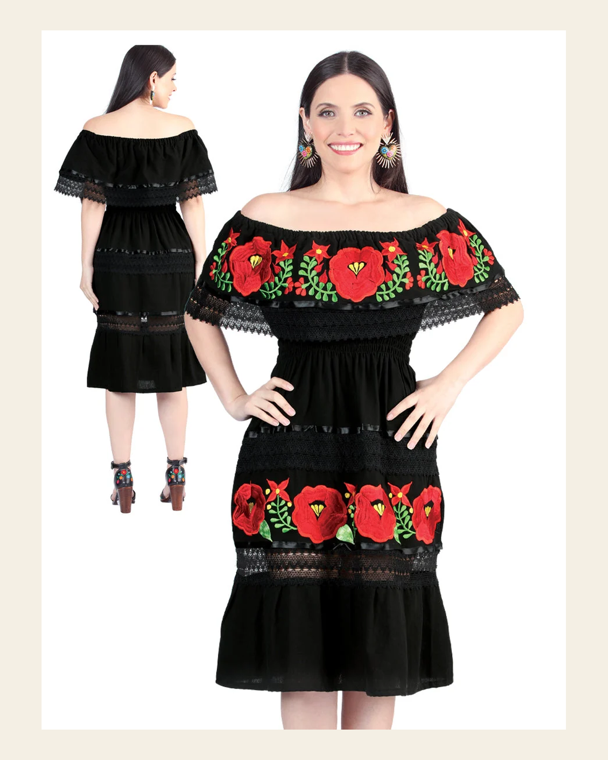 Artisanal Embroidered Dress 100% Cotton Black 604002 on a warm cream background
