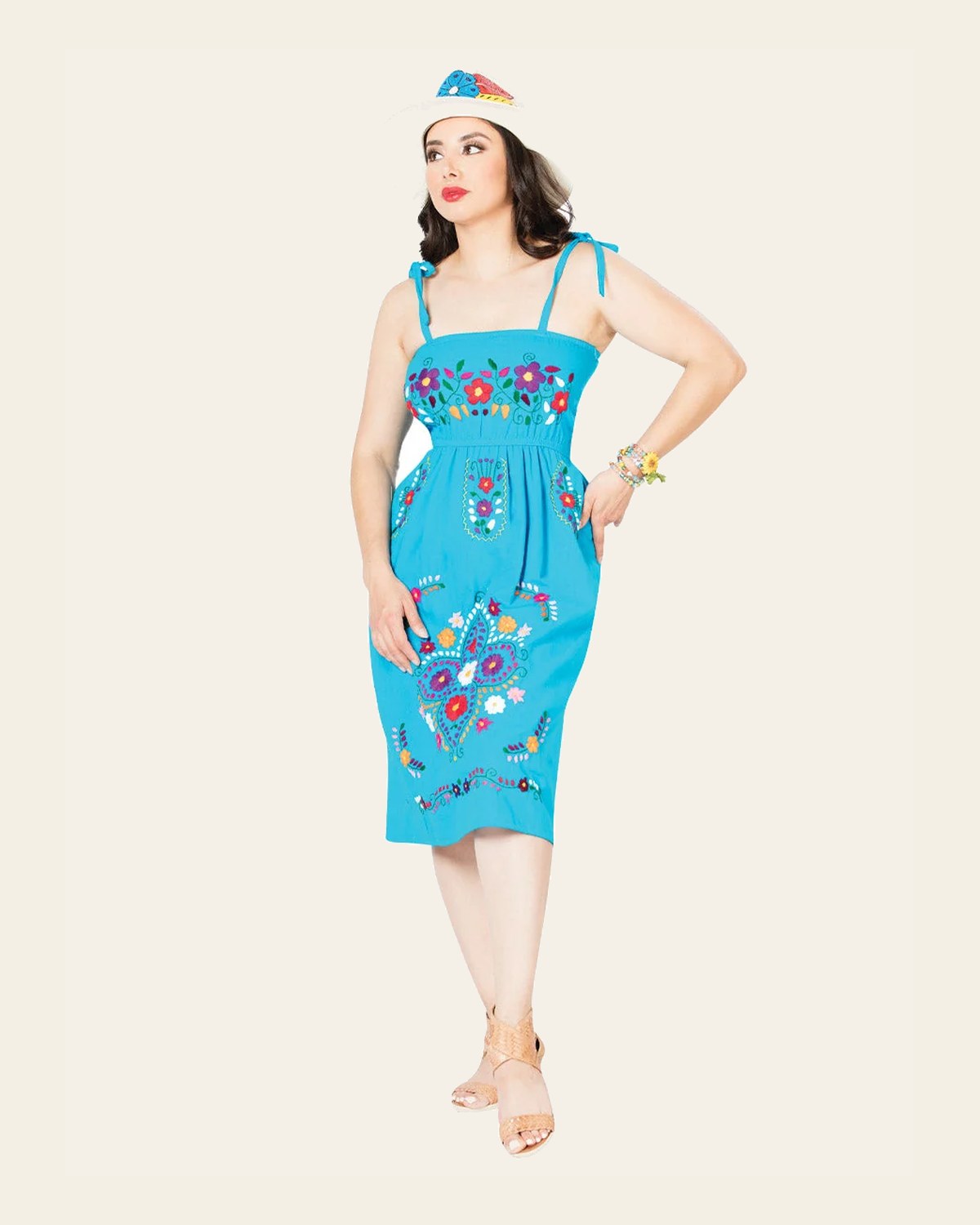 Artisanal Embroidered Dress 100% Cotton Blue 603076 on a warm cream background