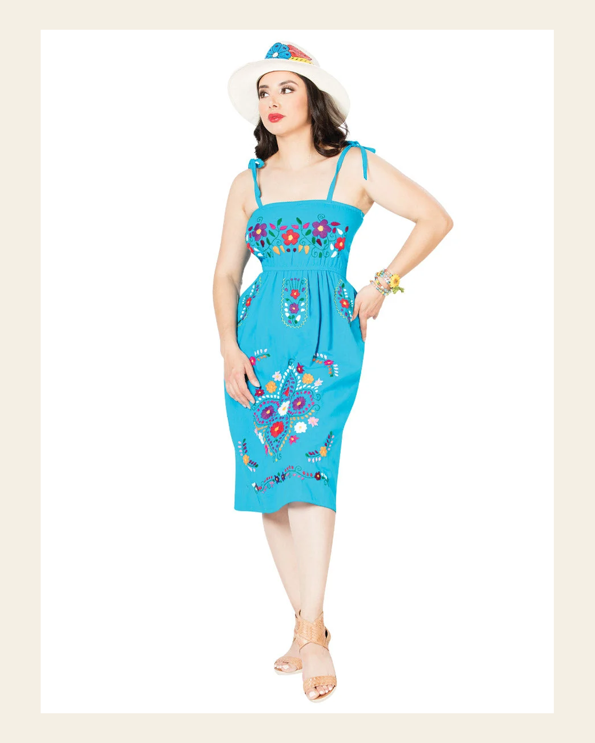 Artisanal Embroidered Dress 100% Cotton Blue 603076 on a warm cream background