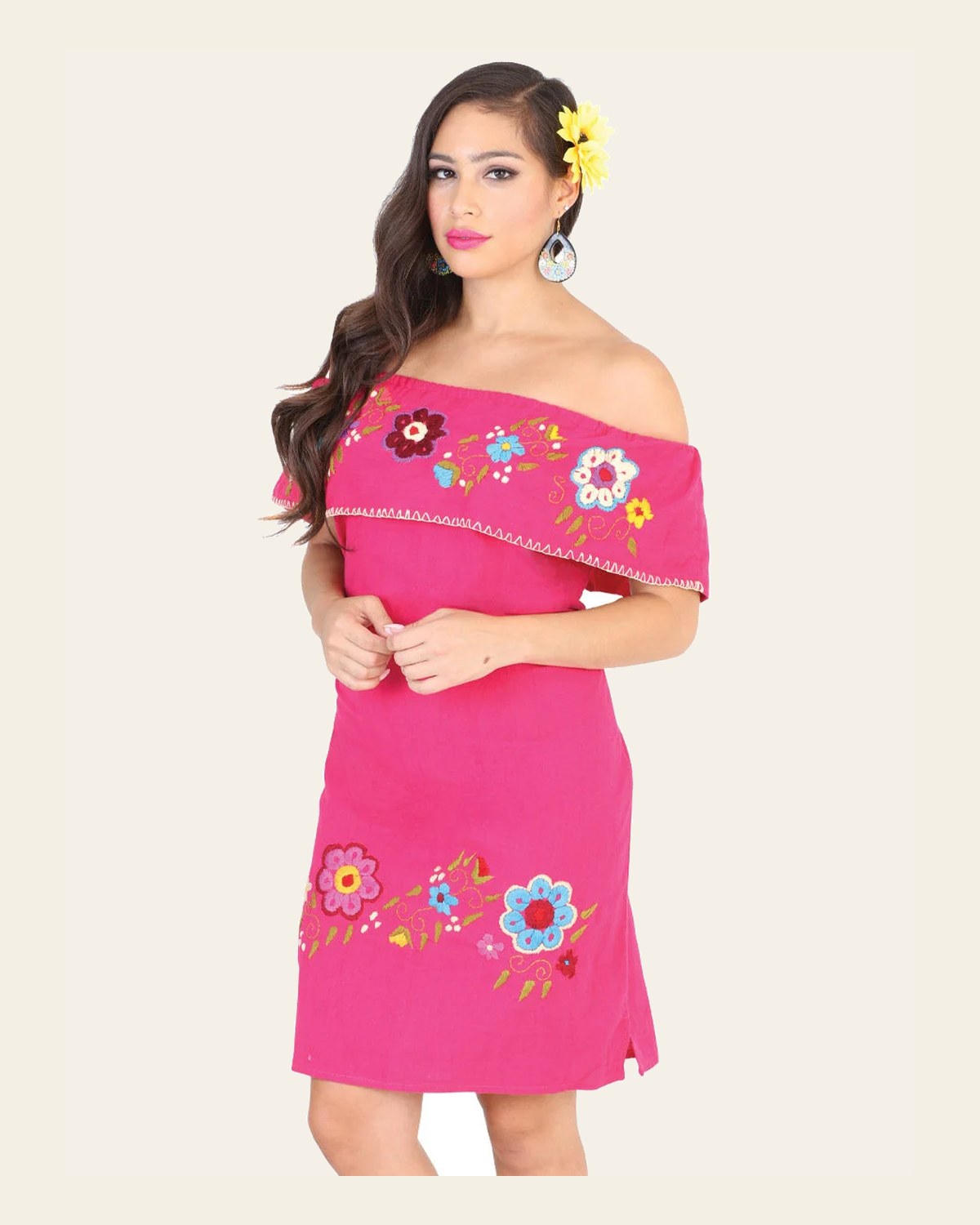 Artisanal Embroidered Dress 100% Cotton Fuchsia 601977 on a warm cream background