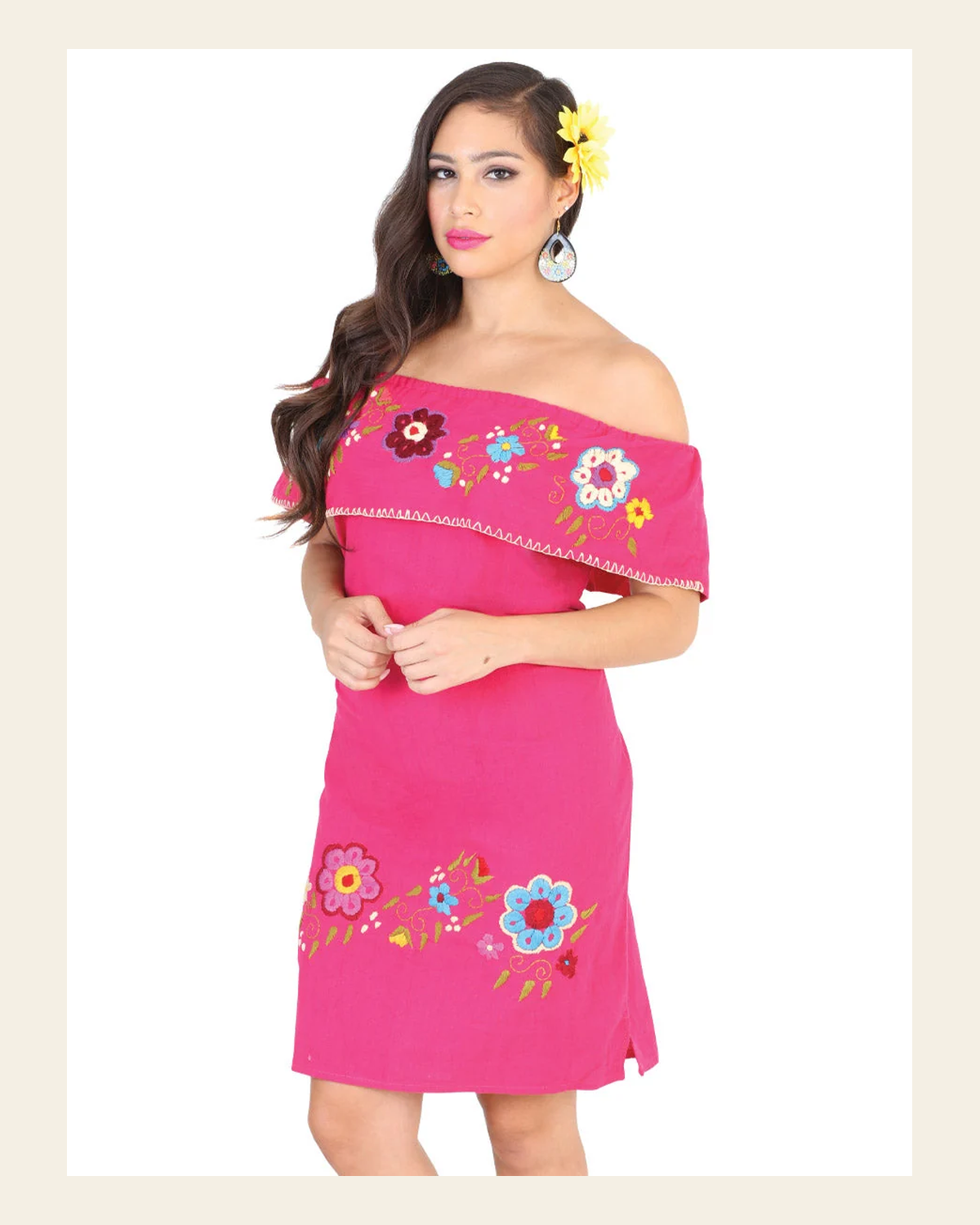 Artisanal Embroidered Dress 100% Cotton Fuchsia 601977 on a warm cream background