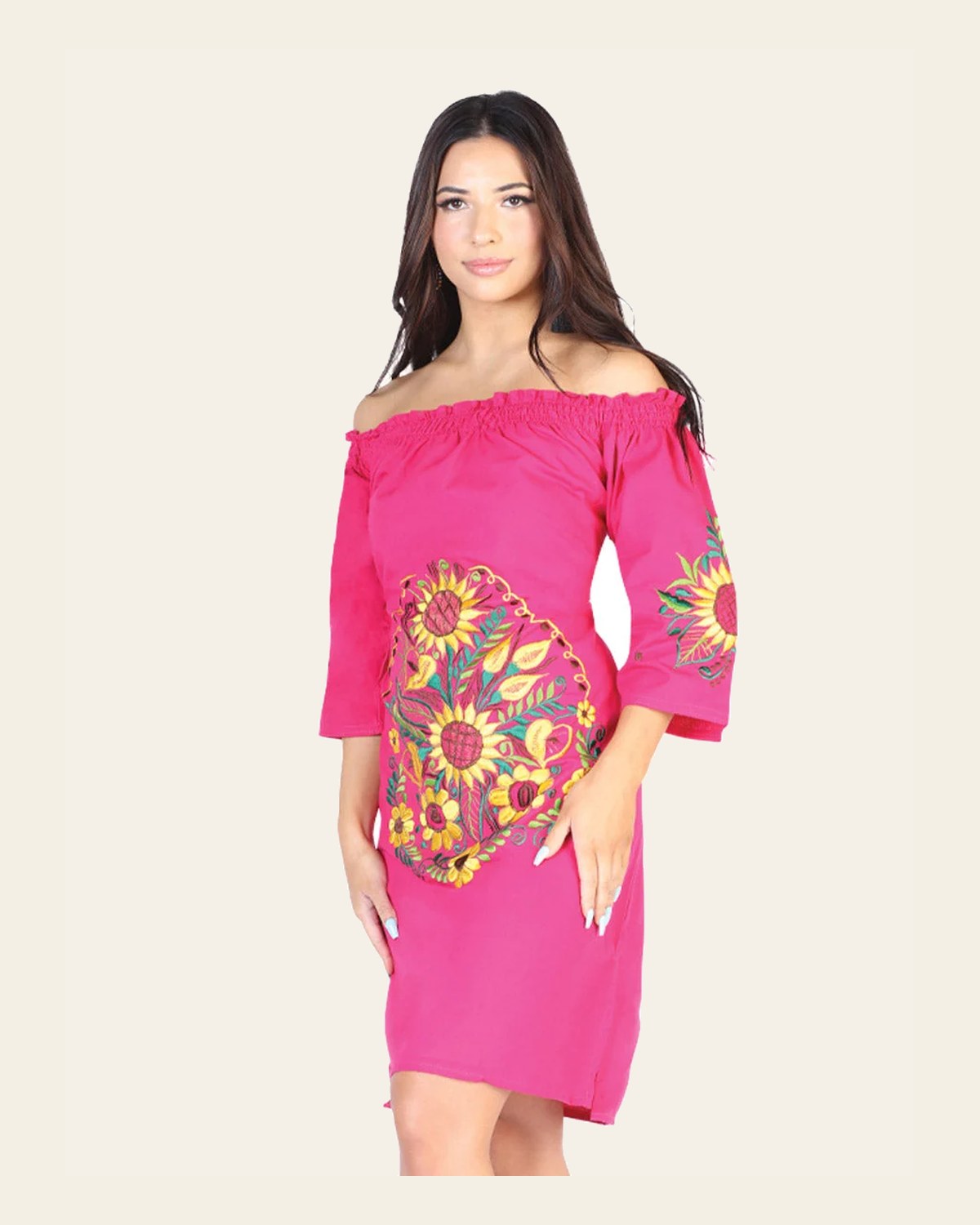 Artisanal Embroidered Dress 100% Cotton Fuchsia 602480 on a warm cream background