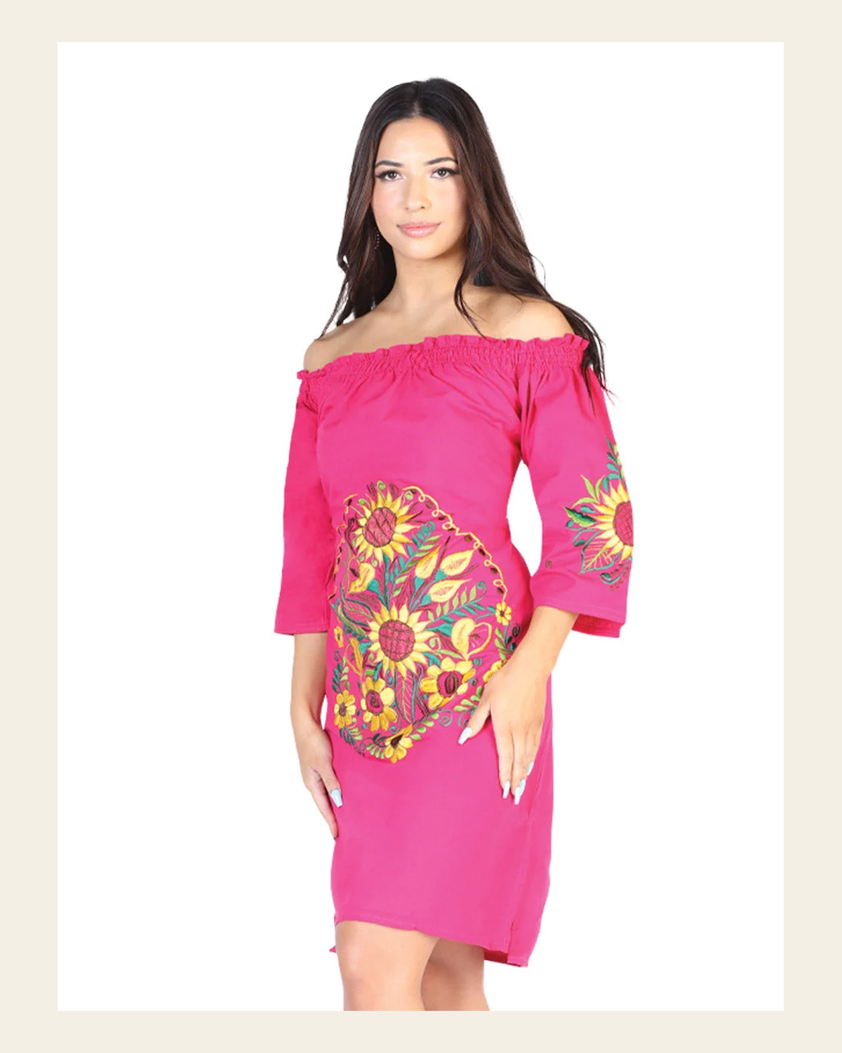 Artisanal Embroidered Dress 100% Cotton Fuchsia 602480 on a warm cream background