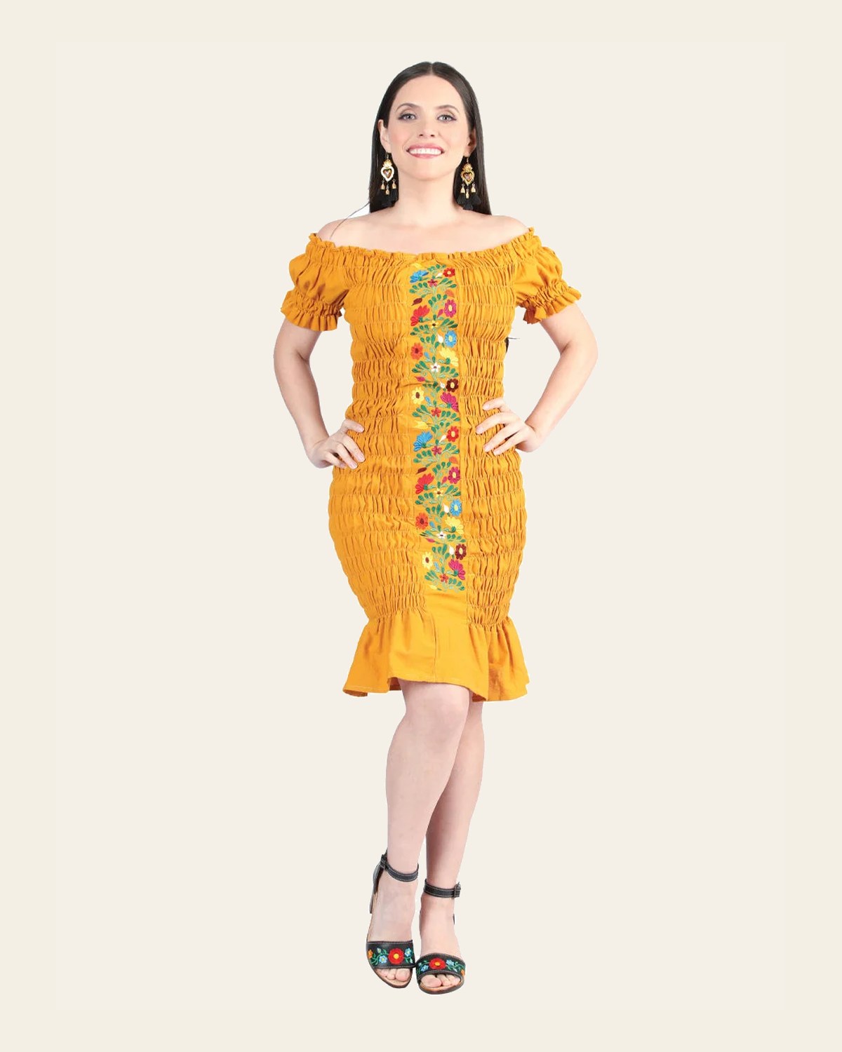 Artisanal Embroidered Dress 100% Cotton Mustard 604008 on a warm cream background