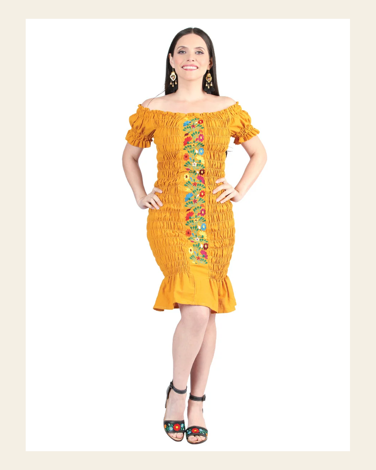 Artisanal Embroidered Dress 100% Cotton Mustard 604008 on a warm cream background