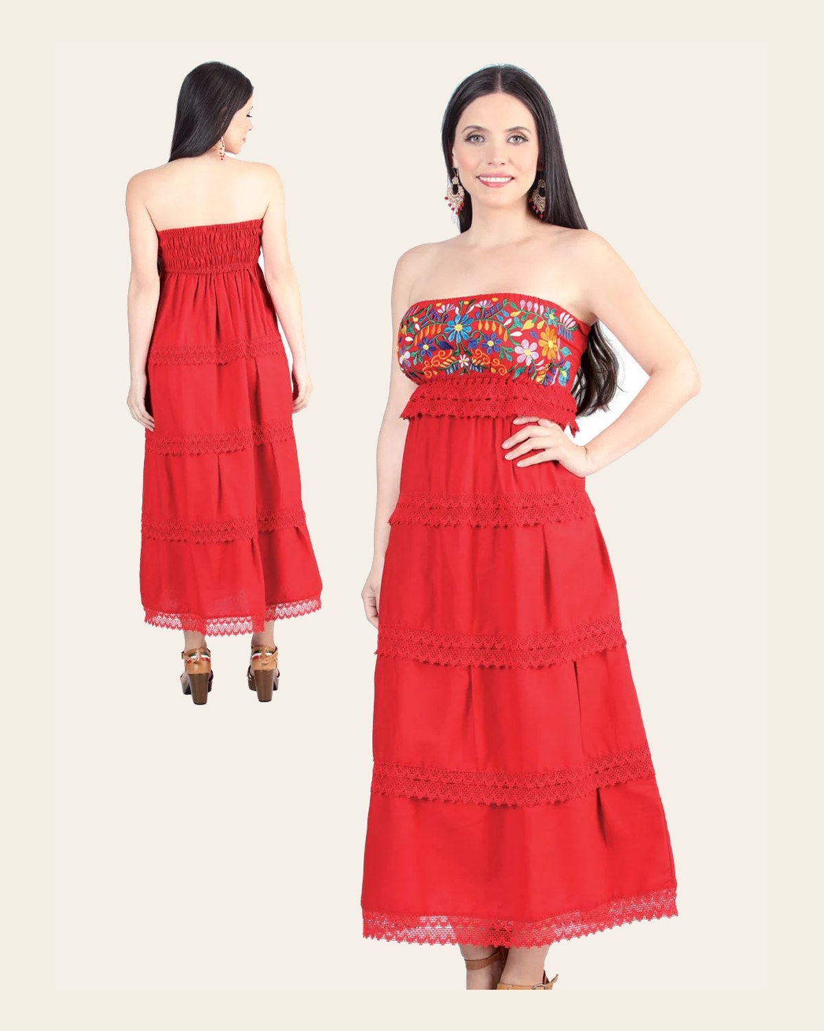 Artisanal Embroidered Dress 100% Cotton Red 604001 on a warm cream background