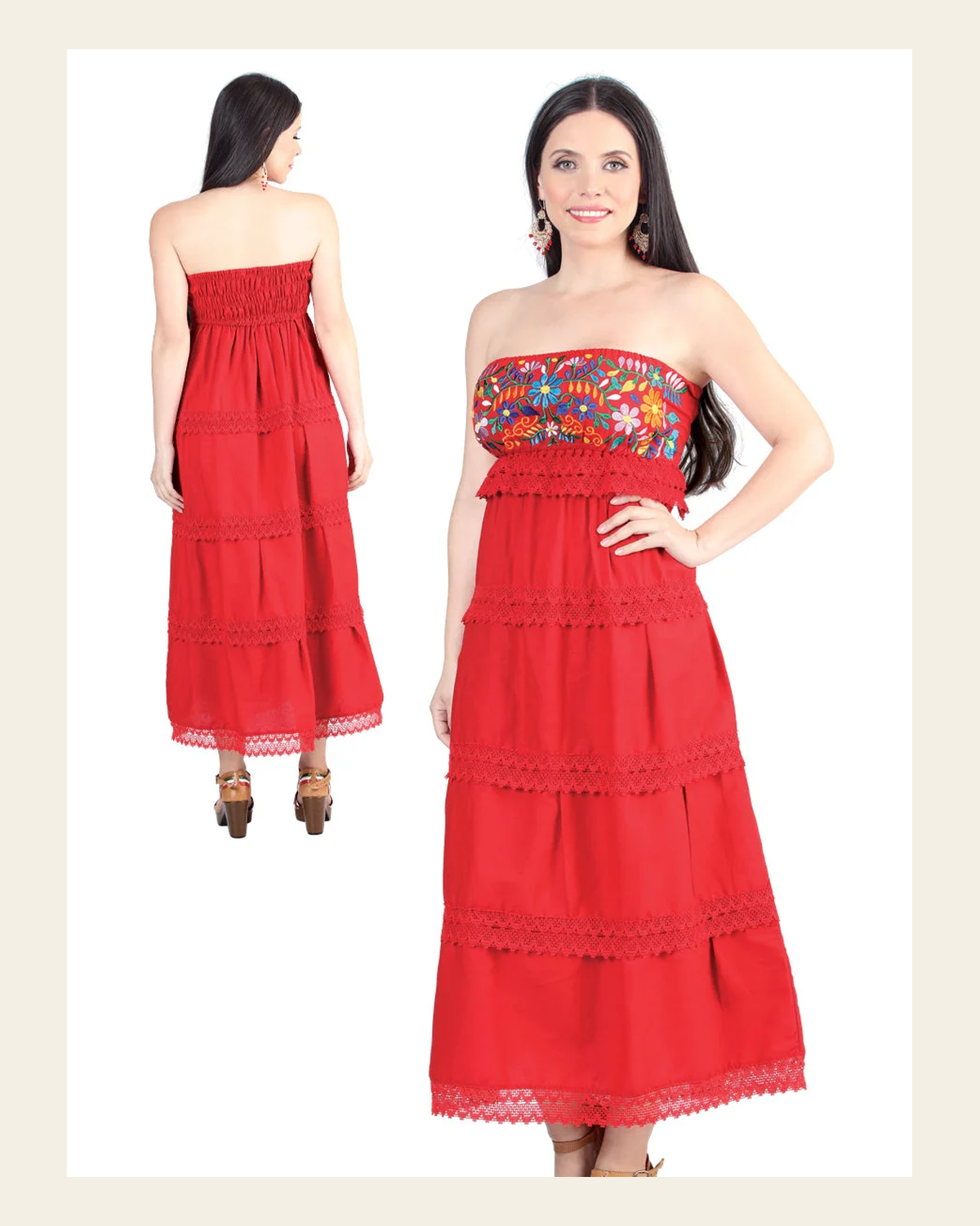 Artisanal Embroidered Dress 100% Cotton Red 604001 on a warm cream background