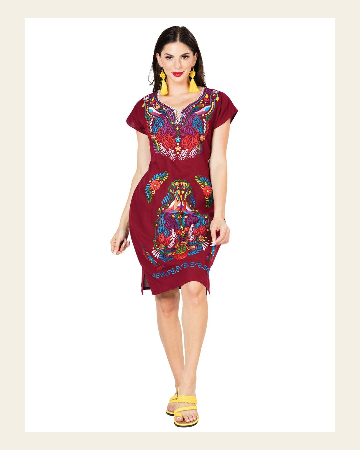 Artisanal Embroidered Dress 100% Cotton Wine 603095 on a warm cream background