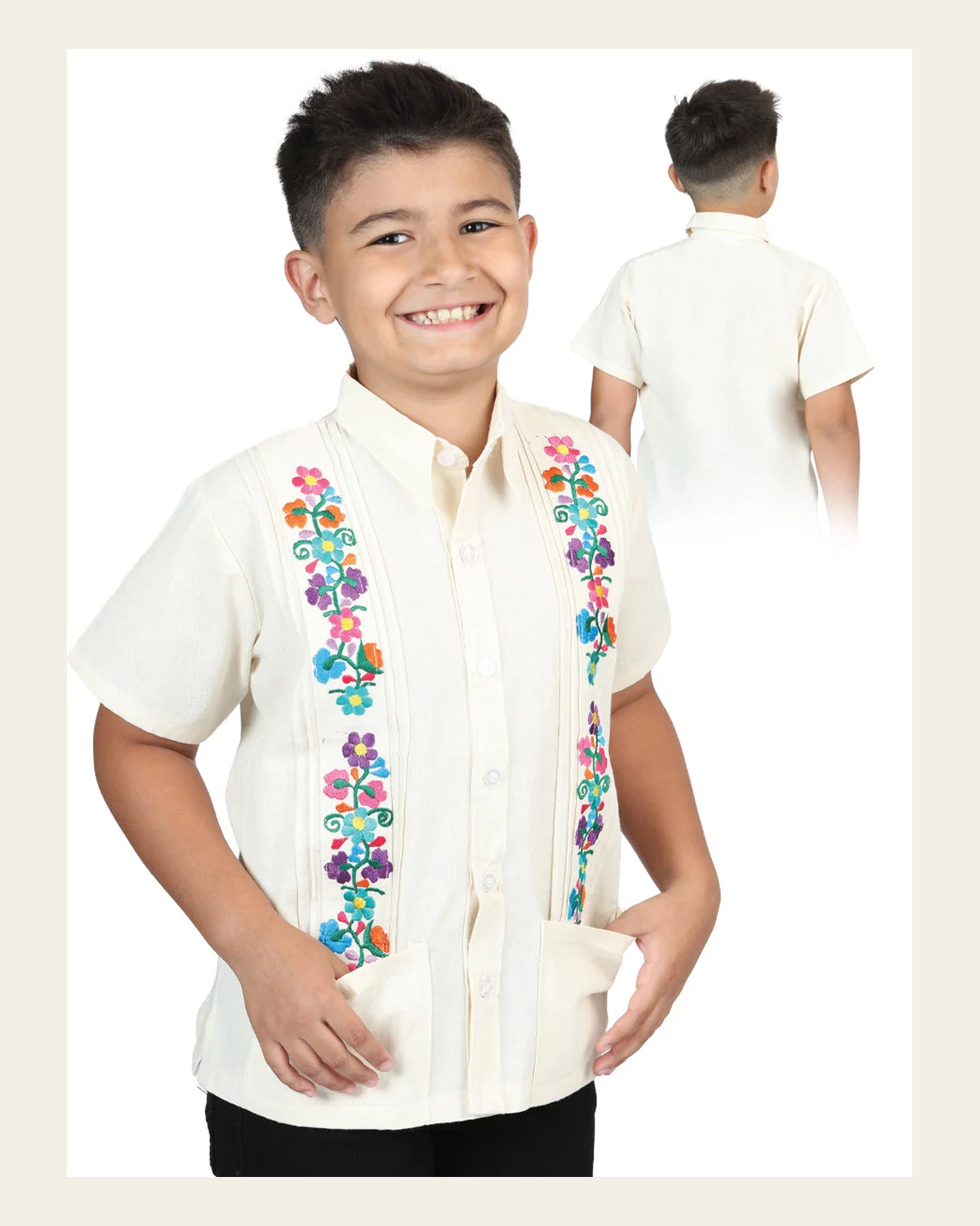 Artisanal Embroidered Shirt 100% Cotton Beige 603979 on a warm cream background