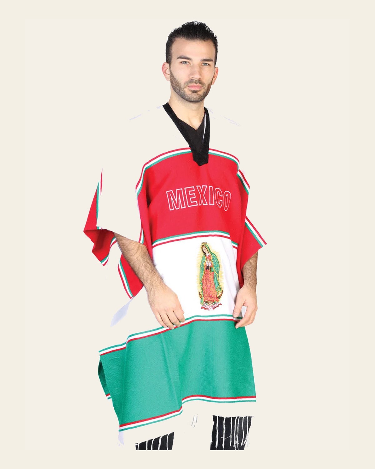 Artisanal Mexican Poncho 100% Acrylan Tricolor 602561 on a warm cream background