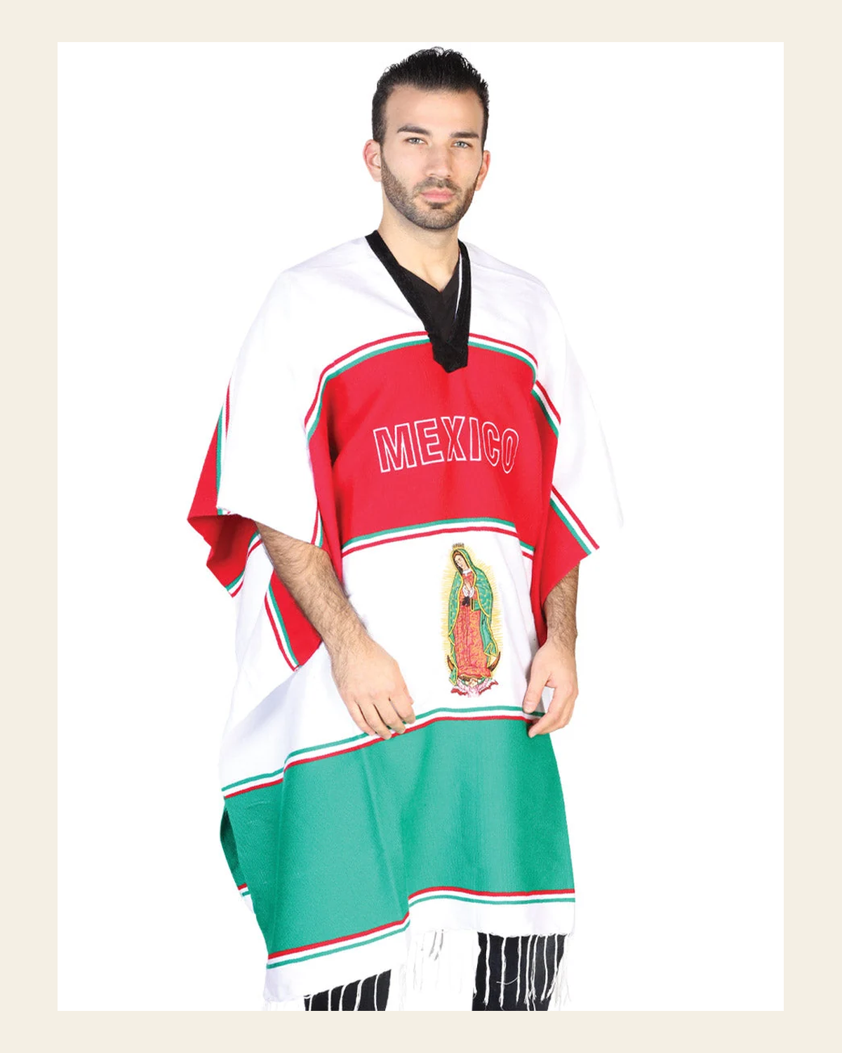 Artisanal Mexican Poncho 100% Acrylan Tricolor 602561 on a warm cream background