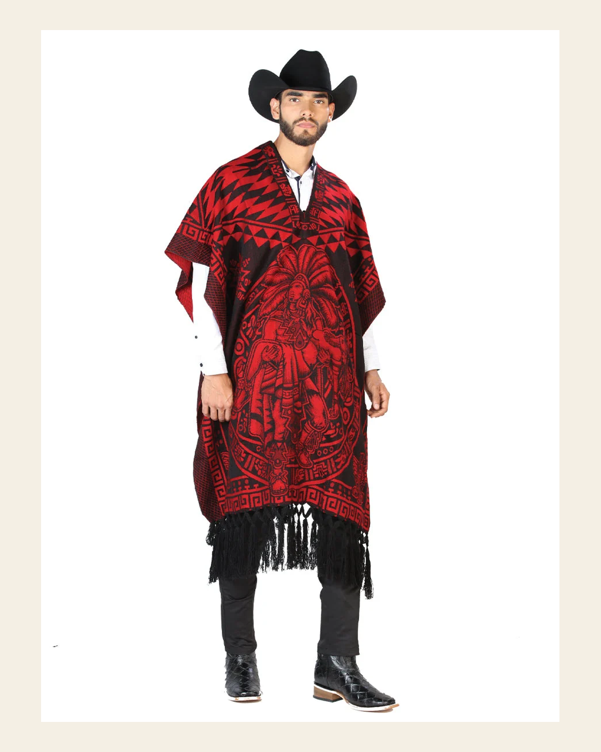 Artisanal Mexican Poncho 92% Acylic, 8% Polyester Black/Red 603836 on a warm cream background
