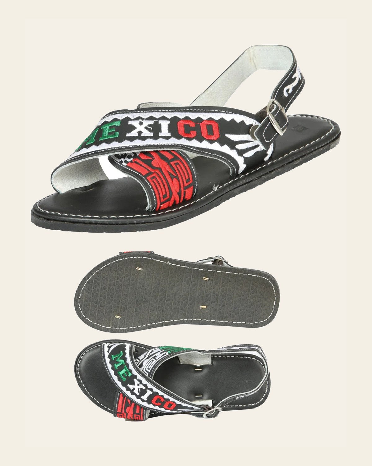 Mexican Artisanal Sandals 50% Leather, 50% Synthetic Black 603954 on a warm cream background