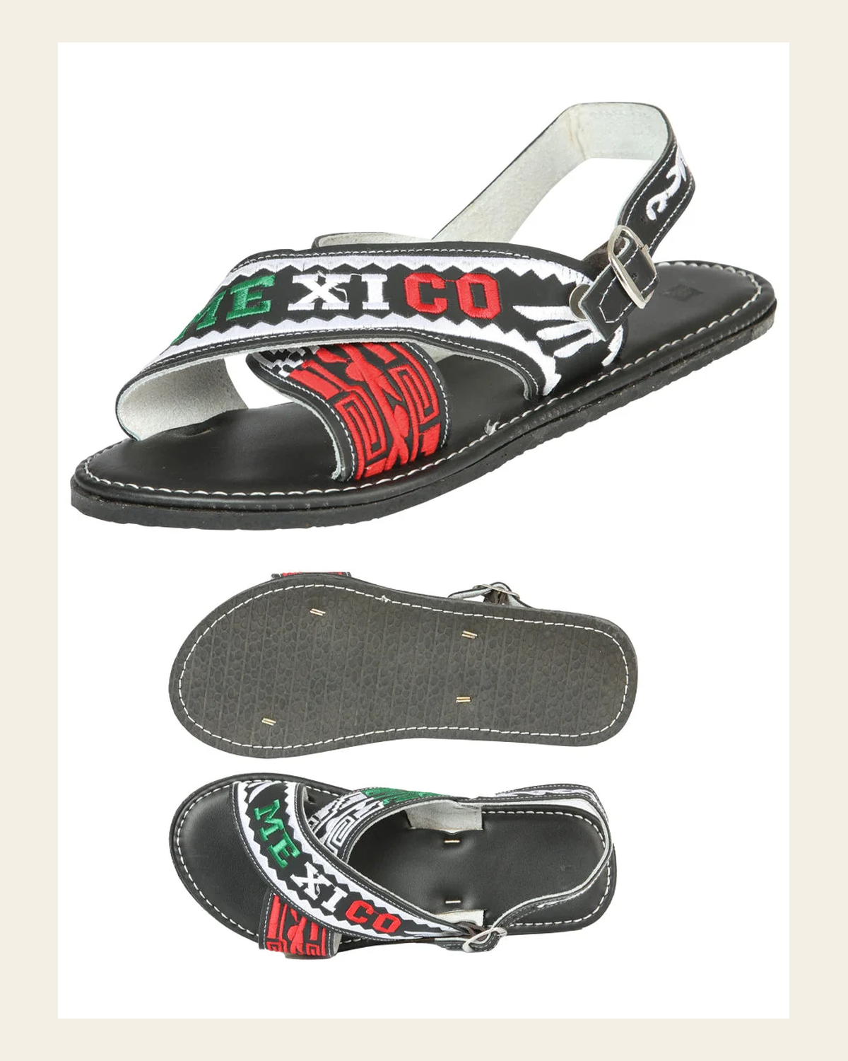 Mexican Artisanal Sandals 50% Leather, 50% Synthetic Black 603954 on a warm cream background