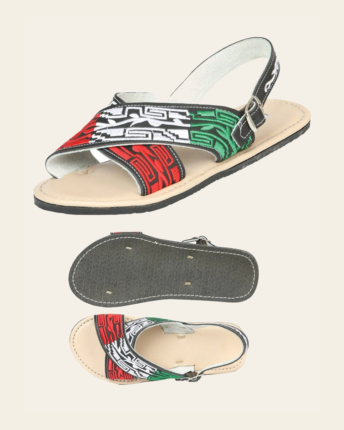 Mexican Artisanal Sandals 50% Leather, 50% Synthetic Black 603955 on a warm cream background