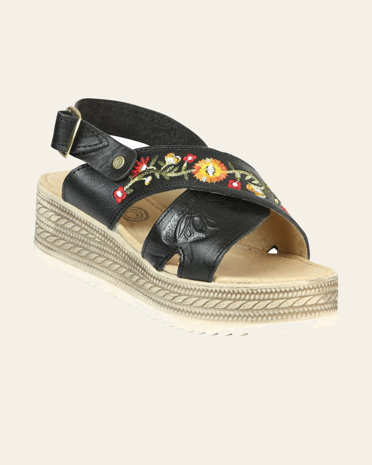 Mexican Artisanal Leather Sandals - Black Floral 604022 on a warm cream background