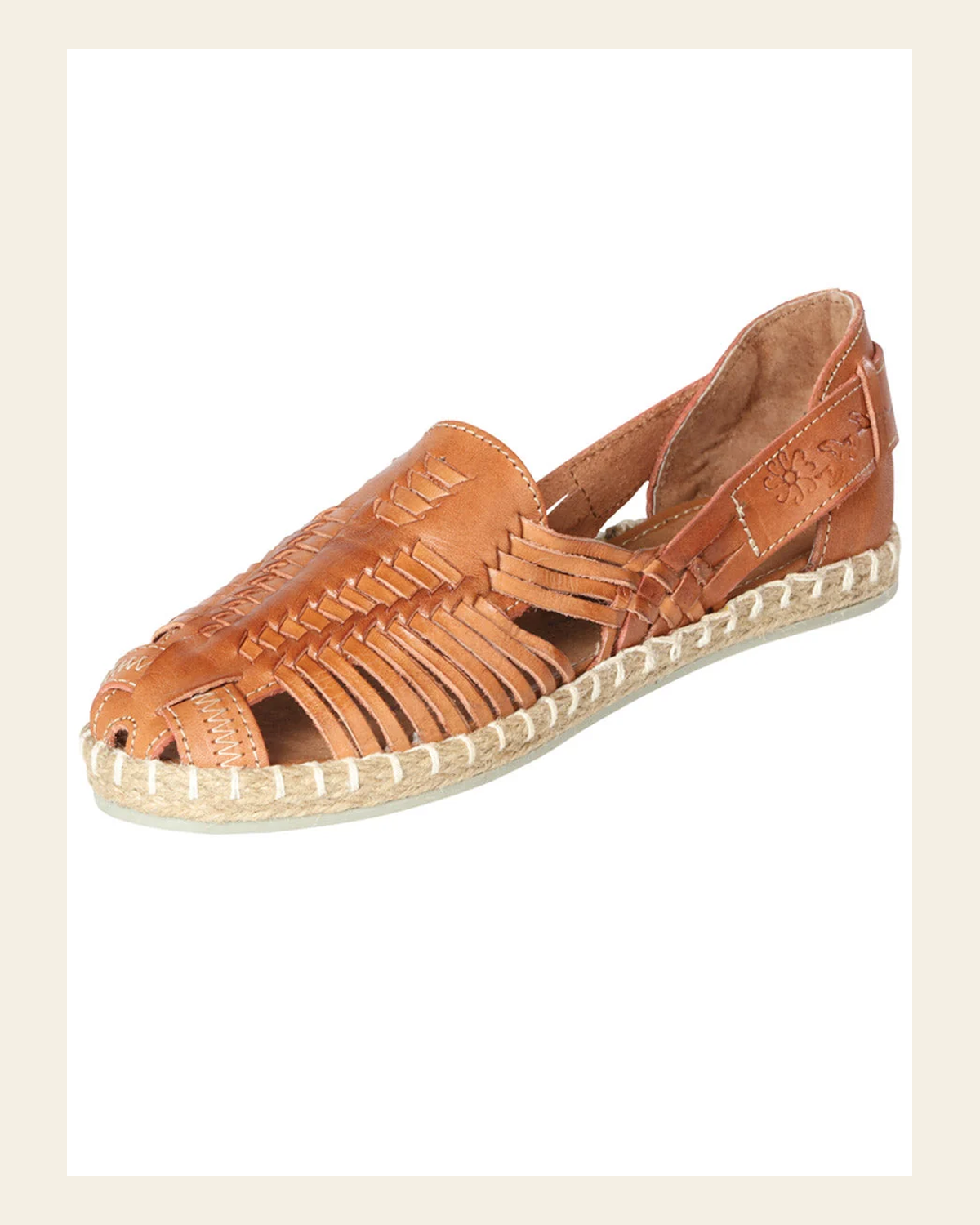 Mexican Artisanal Sandals Leather Cinammon 602962 on a warm cream background