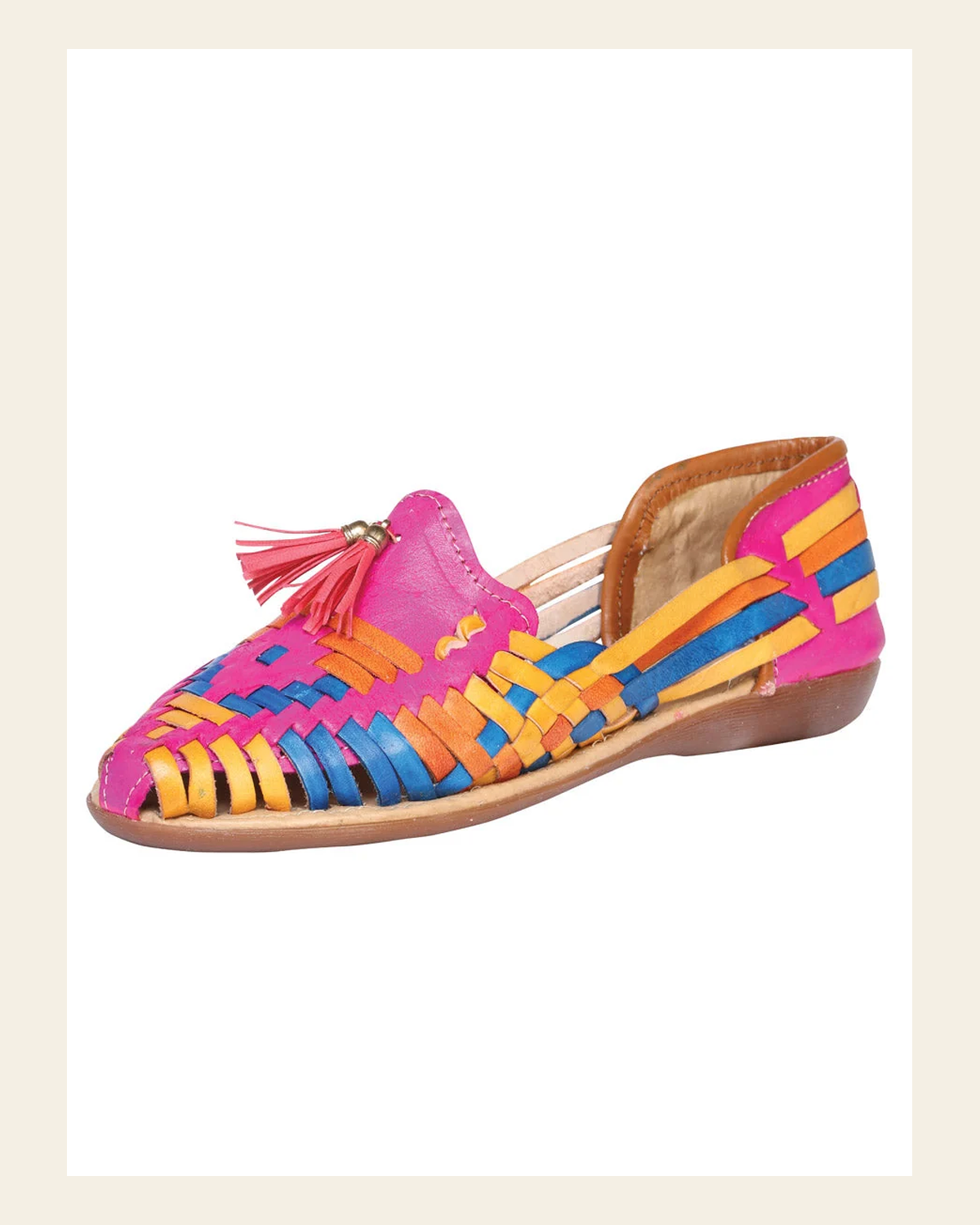 Mexican Artisanal Sandals Leather Multicolor 601949 on a warm cream background