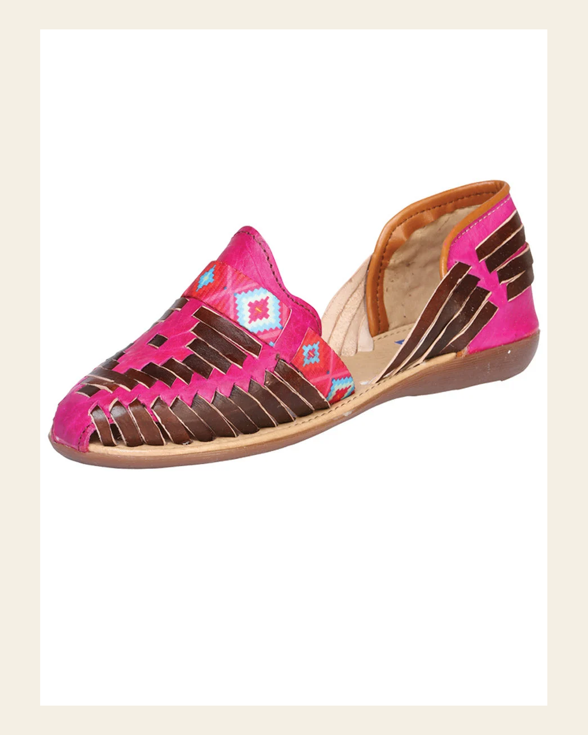 Mexican Artisanal Sandals Leather Fuchsia/Brown 601943 on a warm cream background