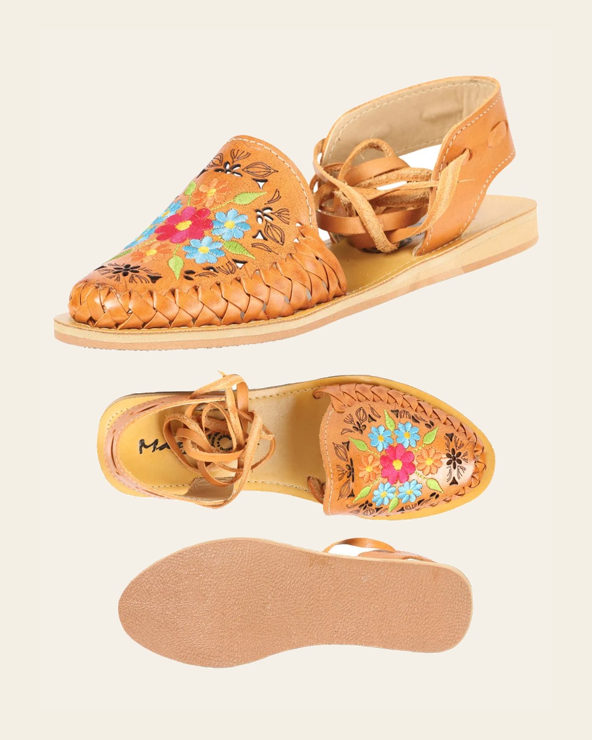 Mexican Artisanal Sandals Leather Honey 604020 on a warm cream background
