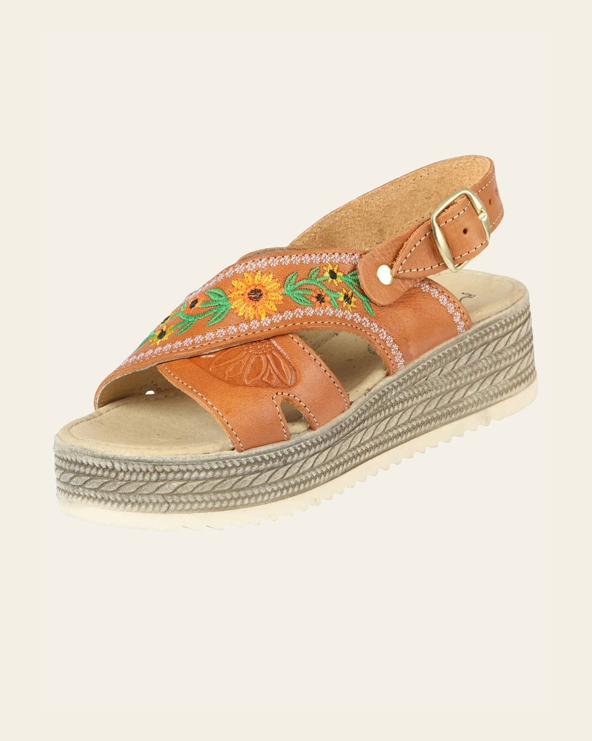 Mexican Artisanal Sandals Leather Honey 604021 on a warm cream background