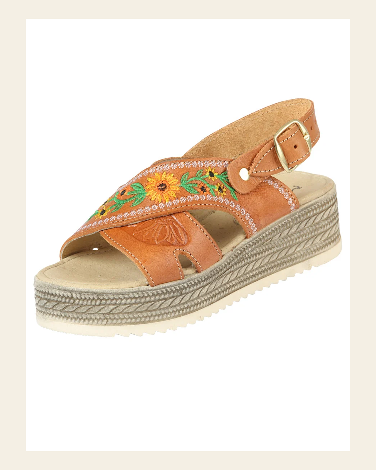 Mexican Artisanal Sandals Leather Honey 604021 on a warm cream background