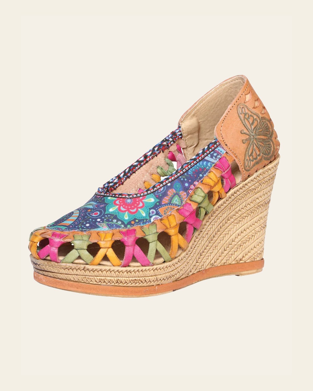 Mexican Artisanal Sandals Leather Multicolor 601934 on a warm cream background