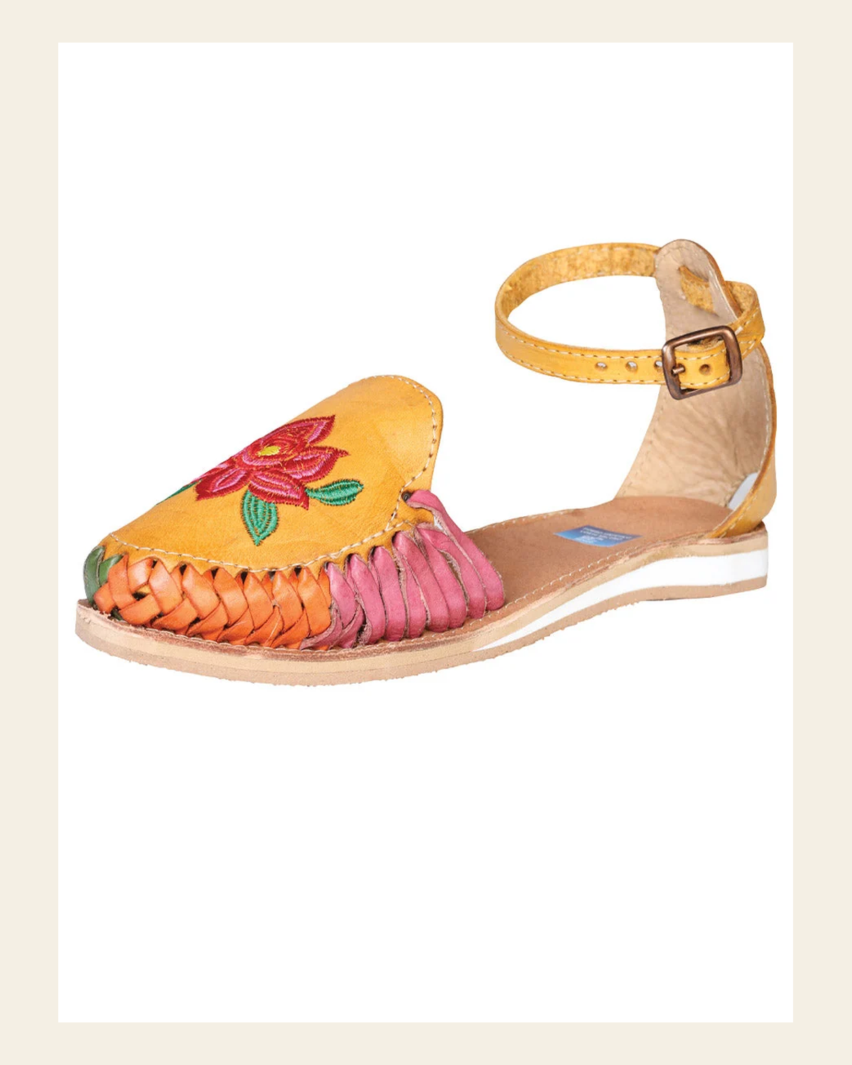 Mexican Artisanal Sandals Leather Mustard 602363 on a warm cream background