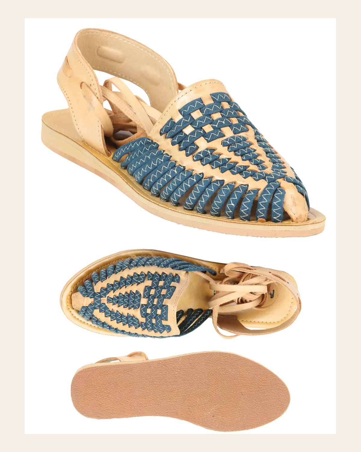 Mexican Artisanal Sandals Leather Tan/Blue 604019 on a warm cream background