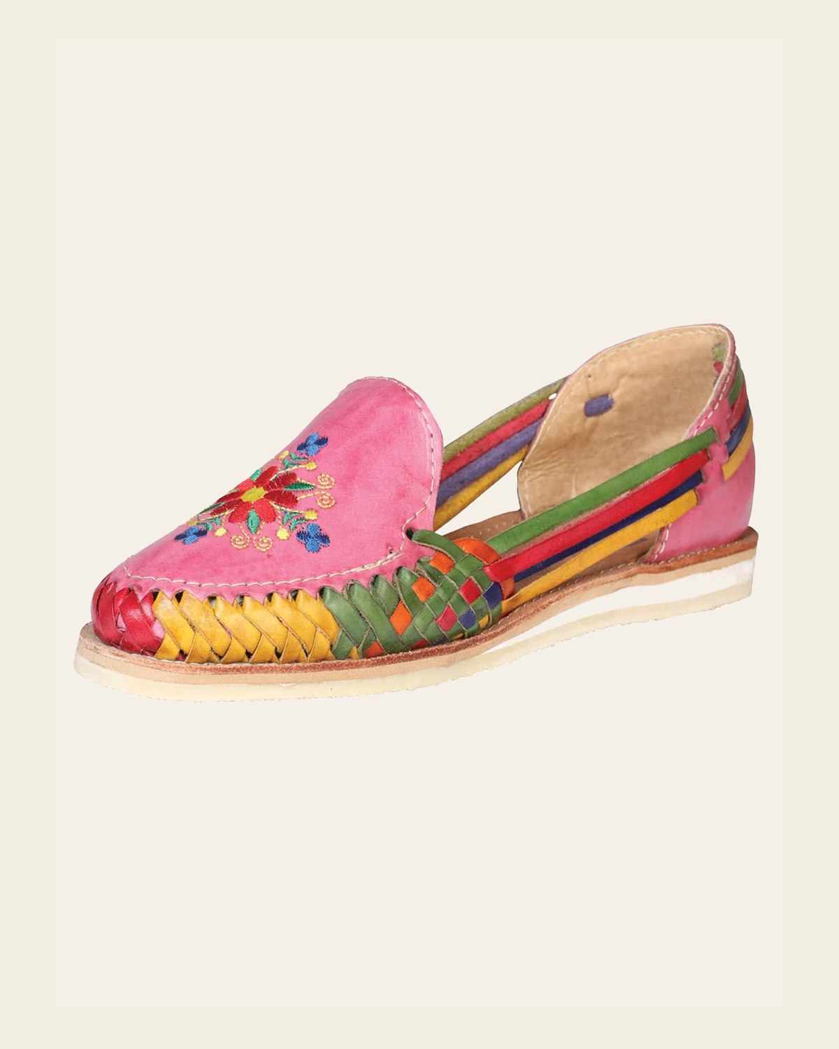 Mexican Artisanal Sandals Leather Pink 602361 on a warm cream background