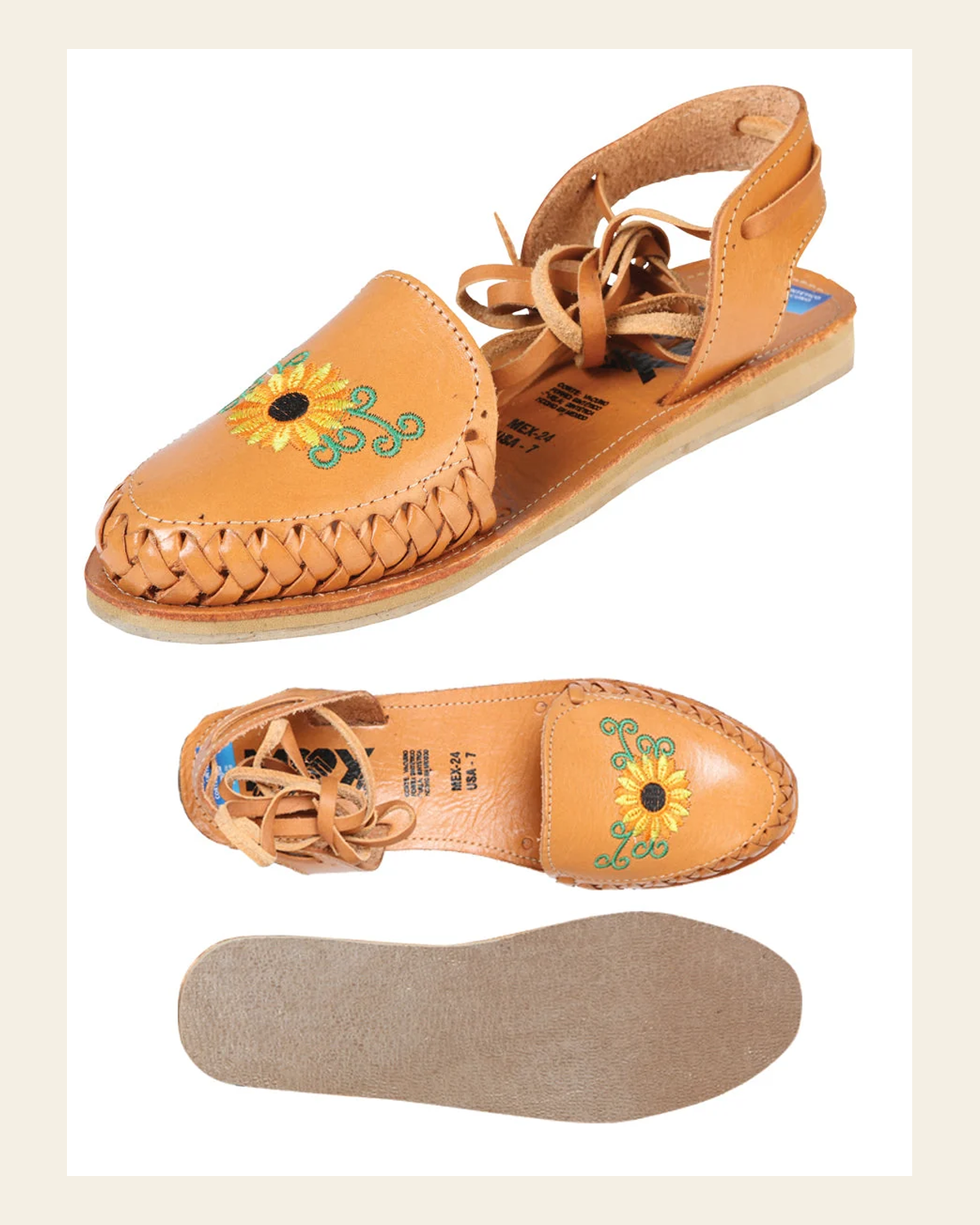 Mexican Artisanal Sandals Leather Tan 603920 on a warm cream background
